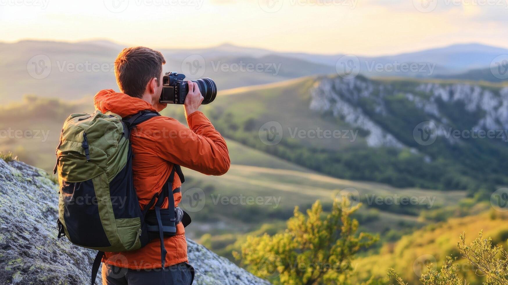 Photographer capturing scenic landscape outdoors during a hike photo