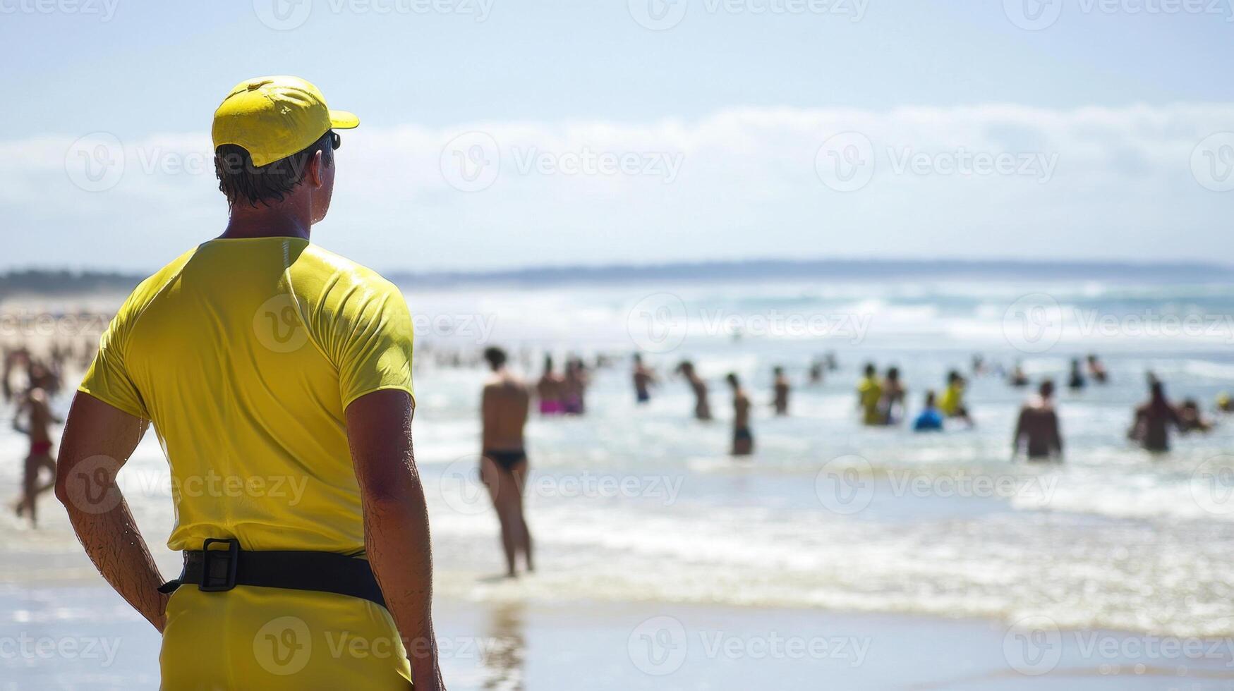 Lifeguard on duty at a crowded beach, ensuring safety of swimmers photo