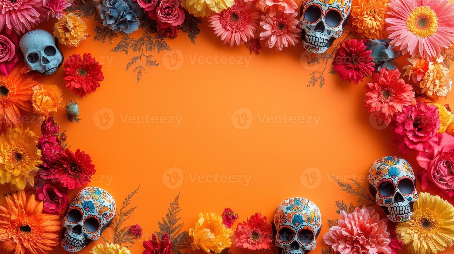 Day of the Dead frame with sugar skulls and flowers on orange background photo