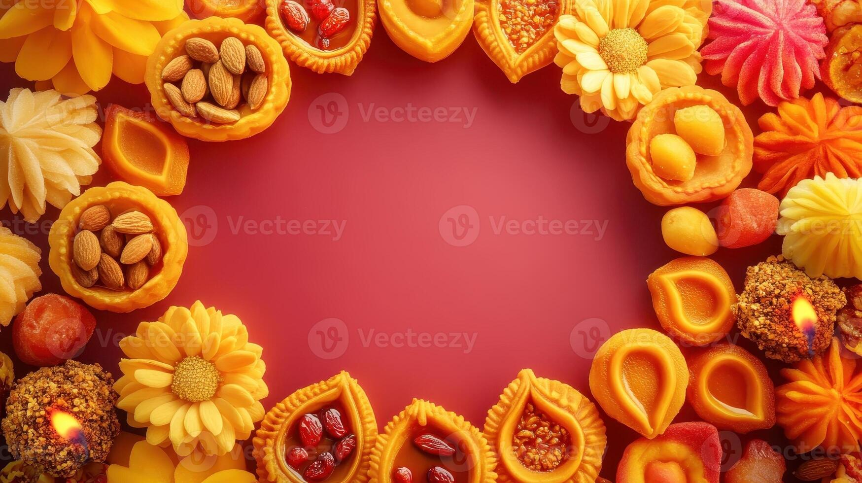 Colorful traditional sweets and decorations arranged in a circular frame. photo
