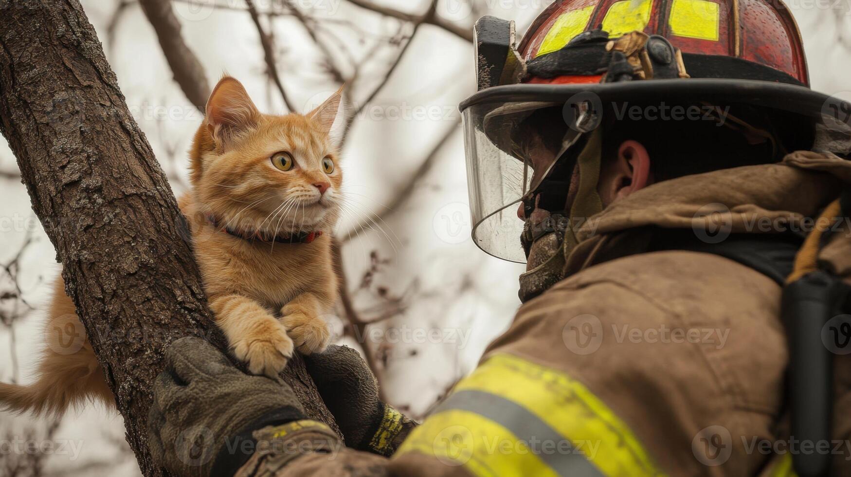 Firefighter Rescuing Cat Stuck in Tree photo
