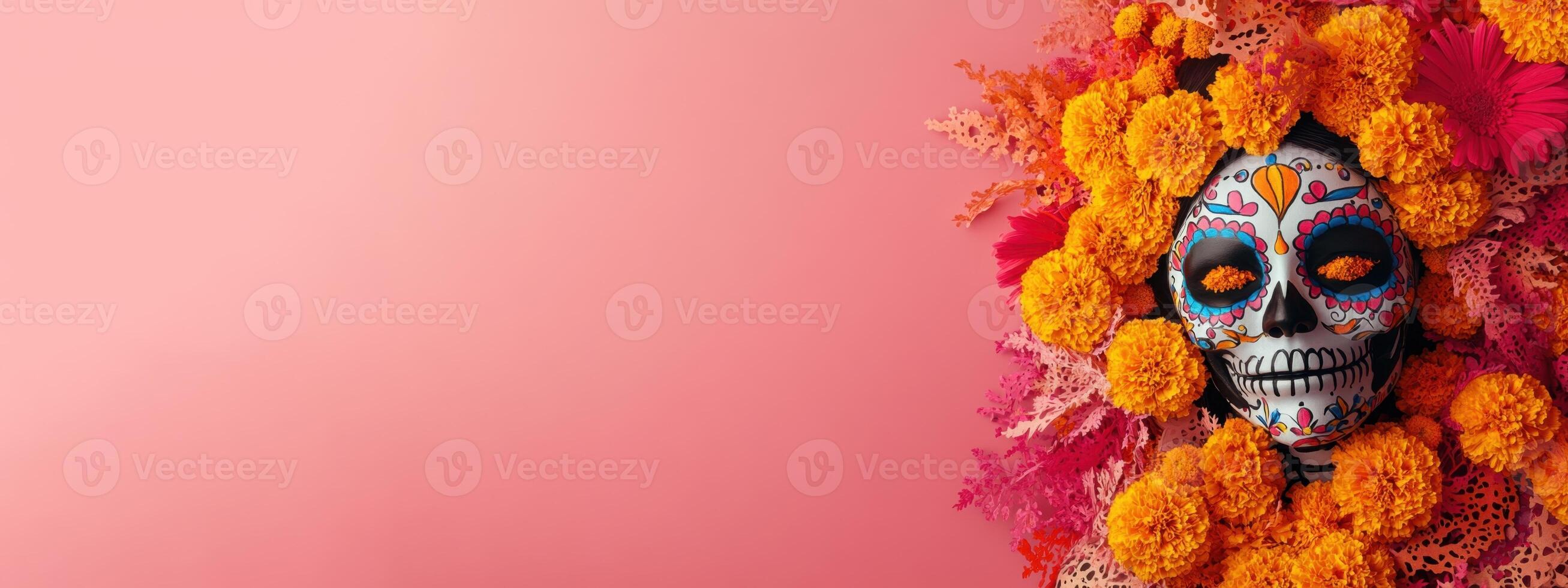Day of the Dead Sugar Skull Mask with Marigold Flowers photo