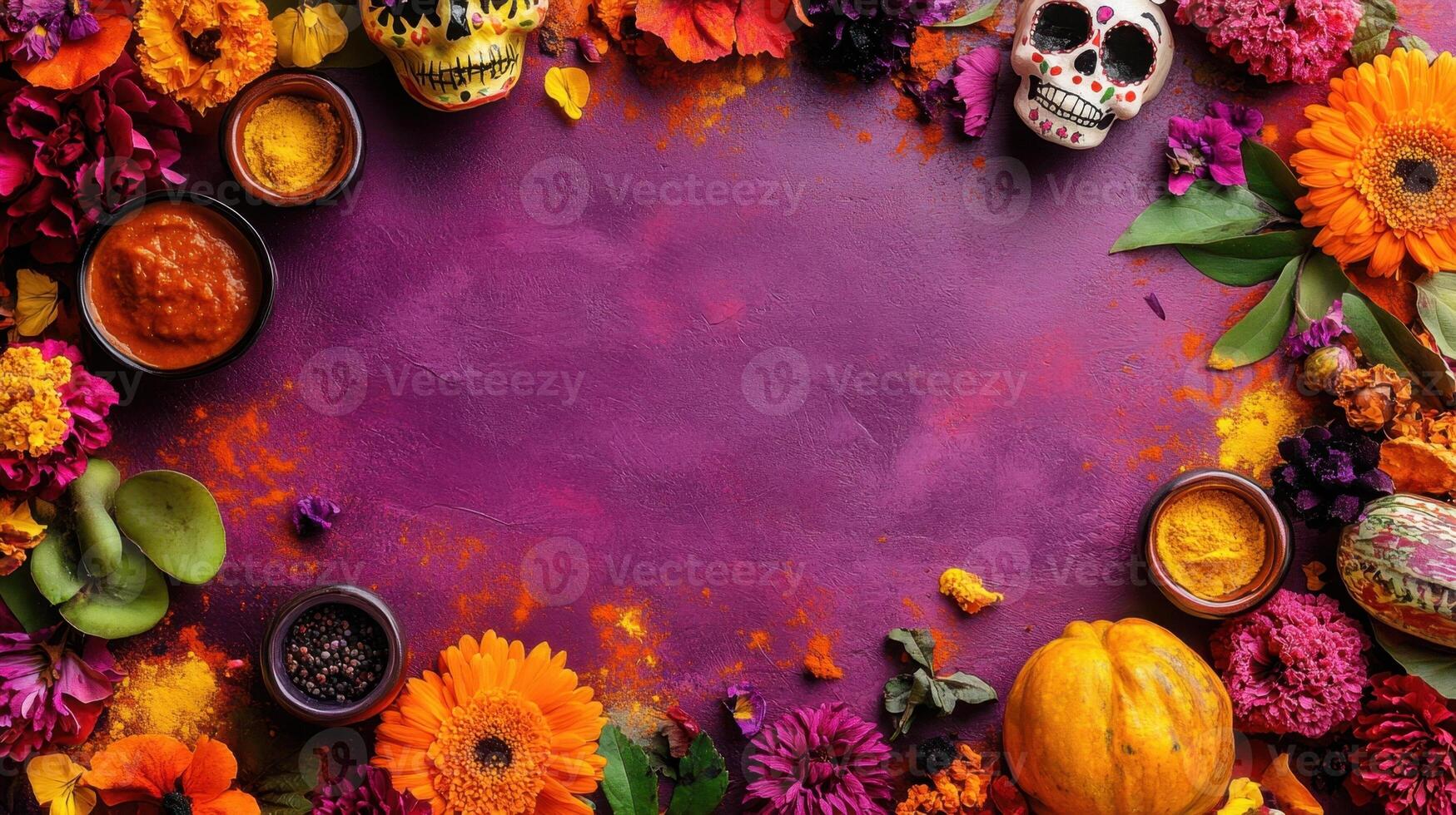 Day of the Dead frame with flowers, food and skulls, top view. photo
