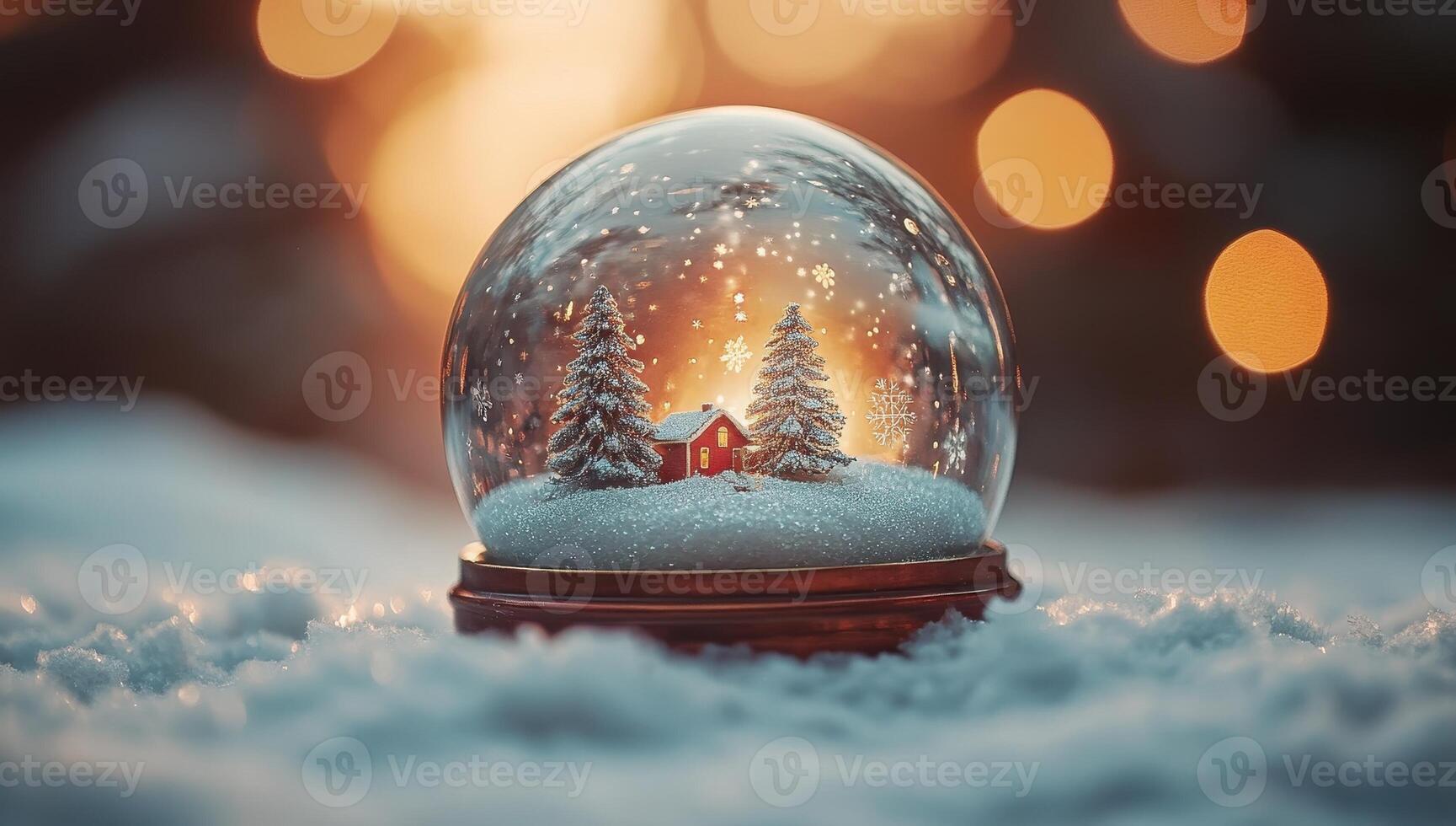 Christmas Snow Globe with Cozy House, Trees, and Falling Snow. Winter Holidays Concept photo