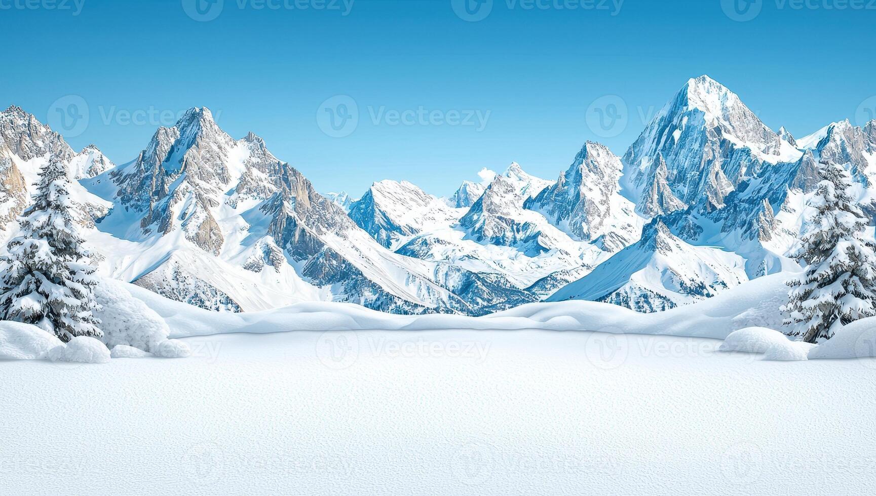 Snowy mountain range landscape on sunny day. Winter wonderland with snow covered peaks and fir trees. Concept of winter sports, holidays, and nature. photo