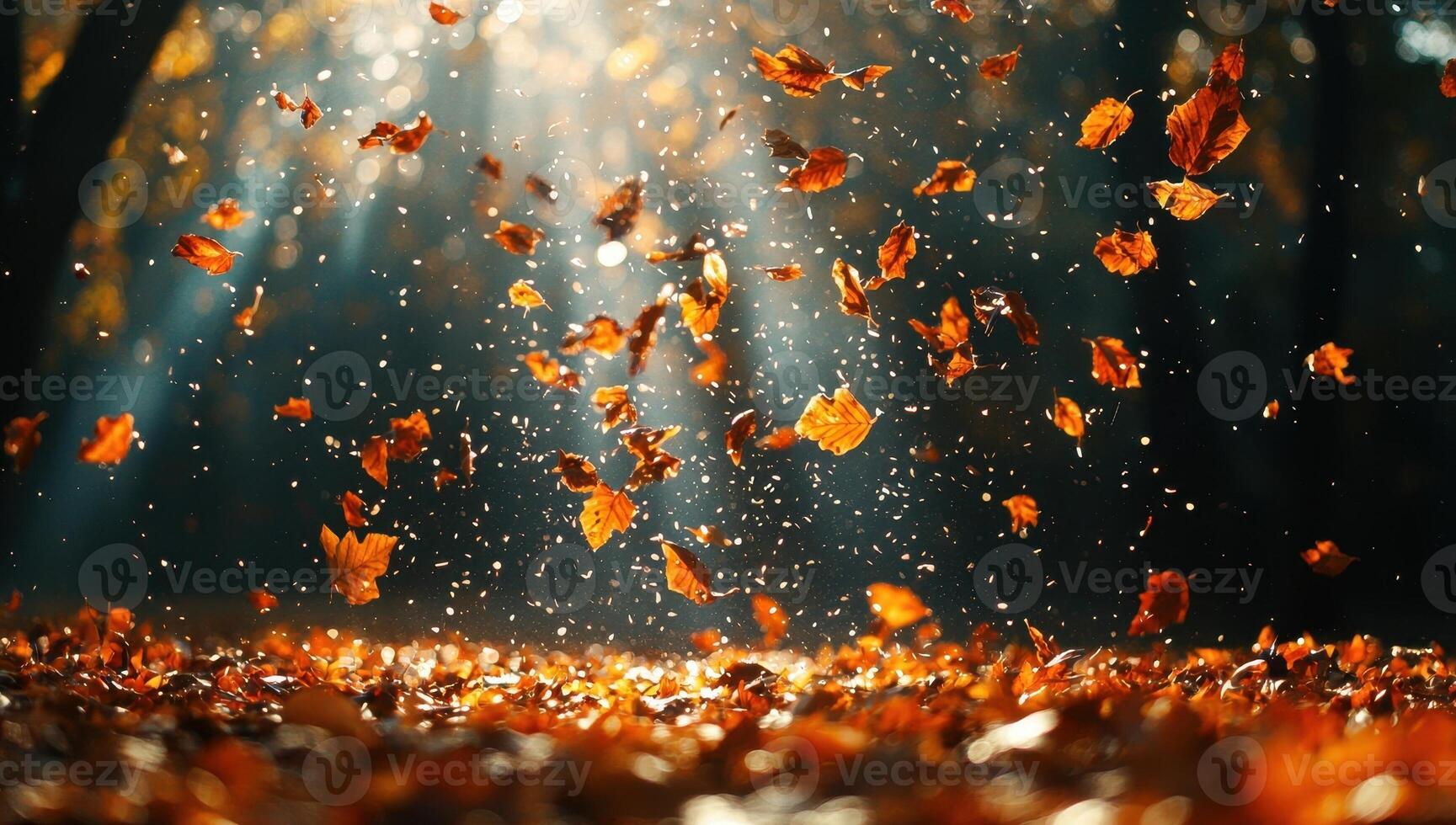Falling Autumn Leaves in Sunlit Forest photo