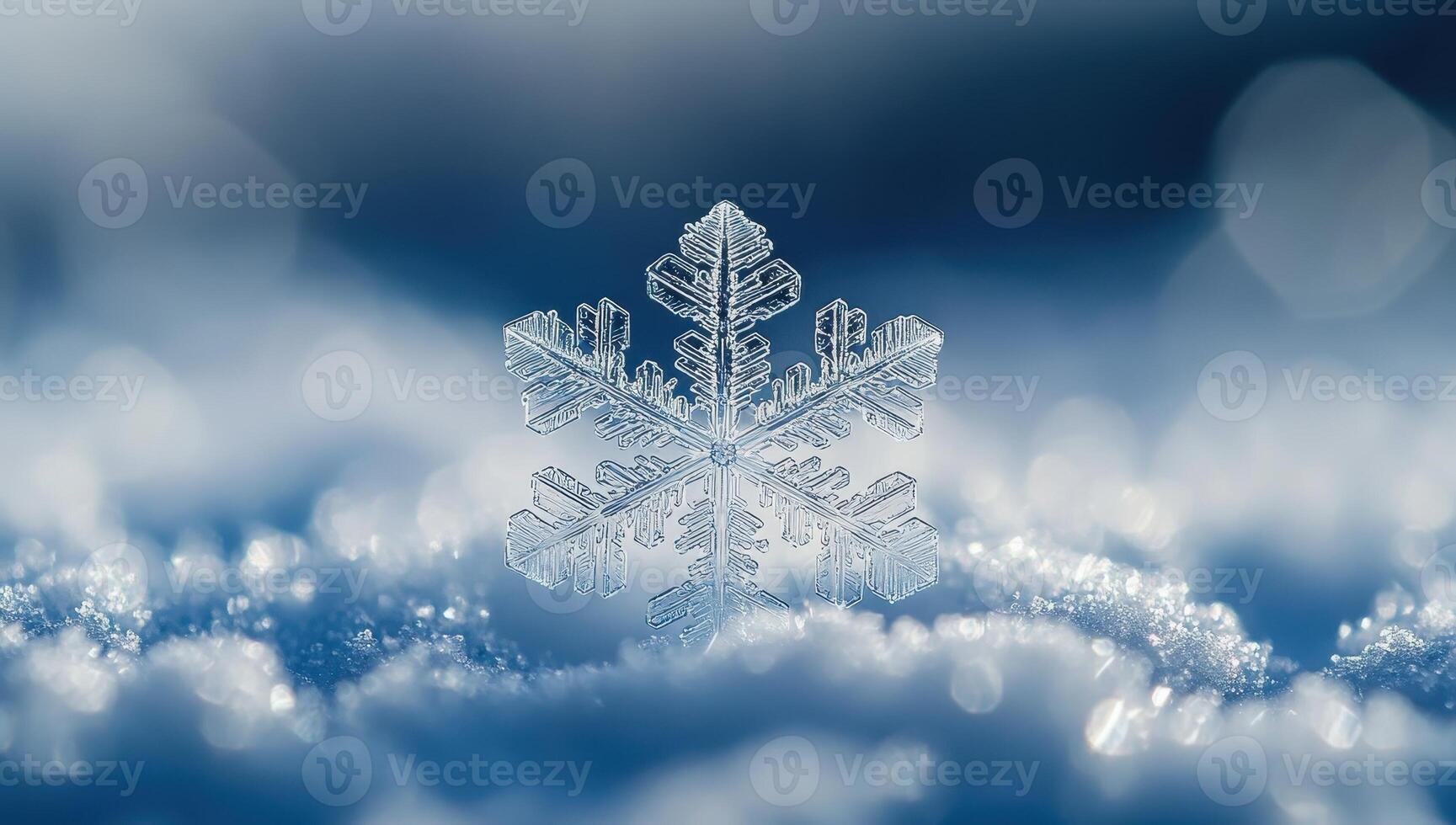 a delicate snowflake on a snow covered surface with a blue bokeh background. photo