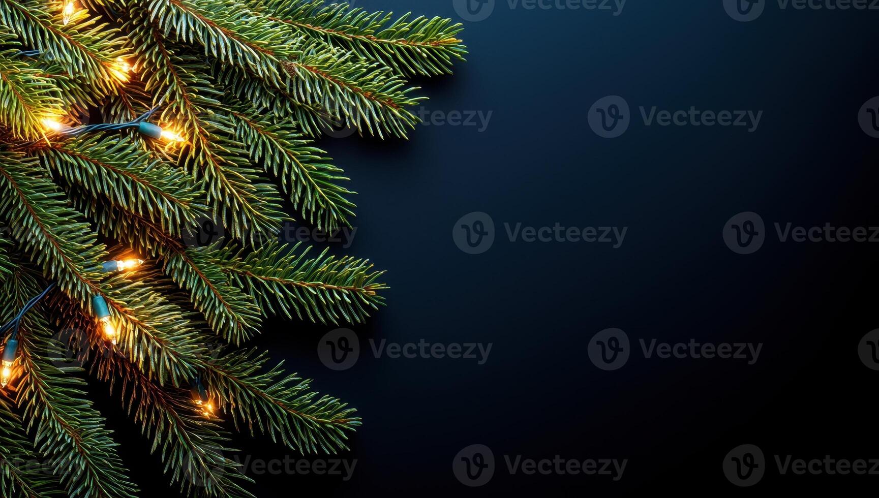 Christmas background with fir branches and string lights on dark blue, copy space photo