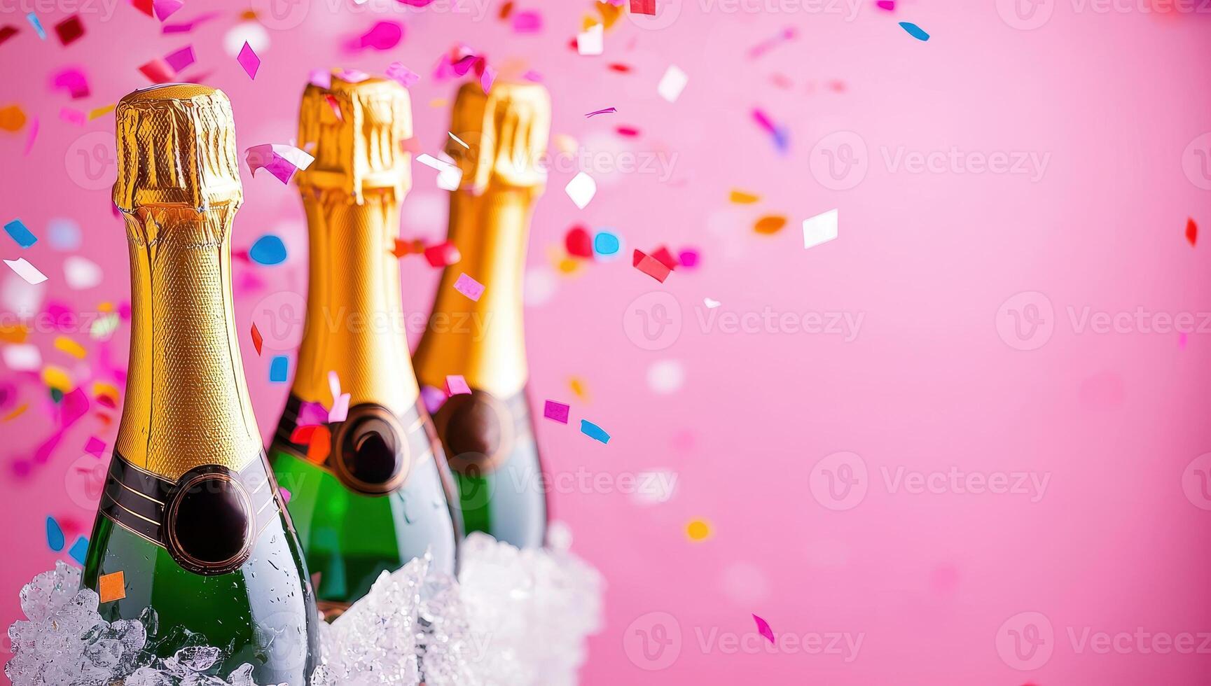 Champagne bottles in ice bucket with falling confetti on pink background. Celebration, party, luxury concept. photo