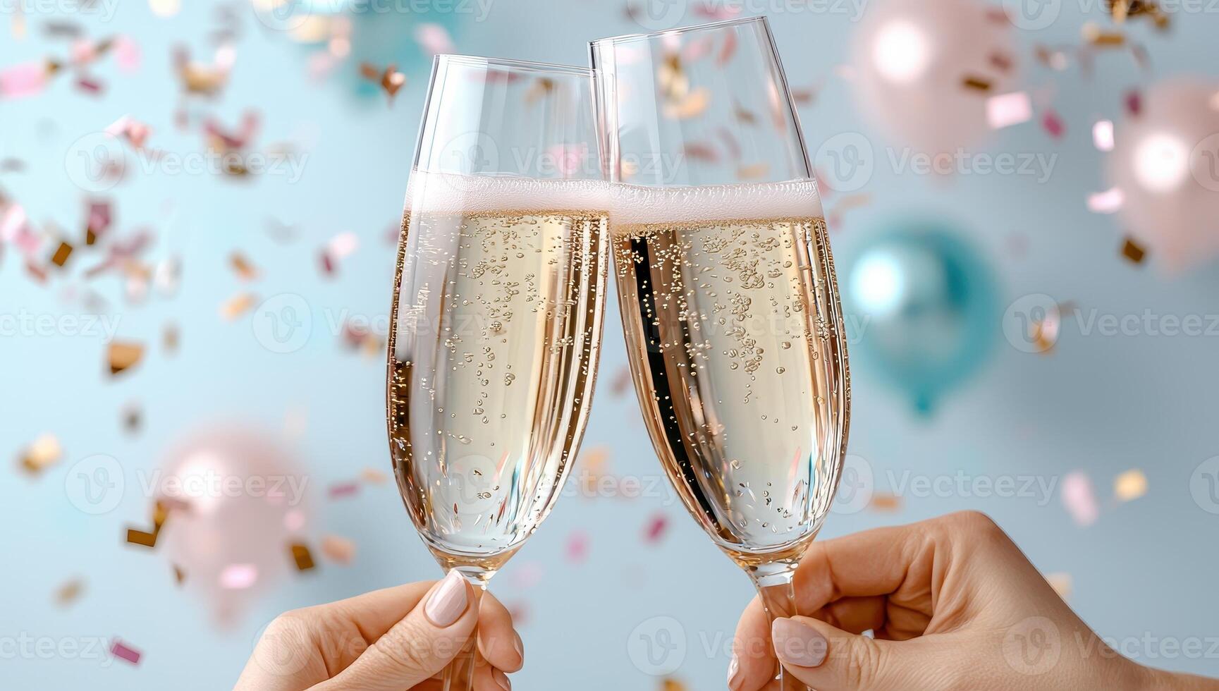 Two hands holding champagne glasses making a toast on a festive background with balloons and confetti. Celebrating New Year's Eve, birthday party, anniversary, or special occasion. photo