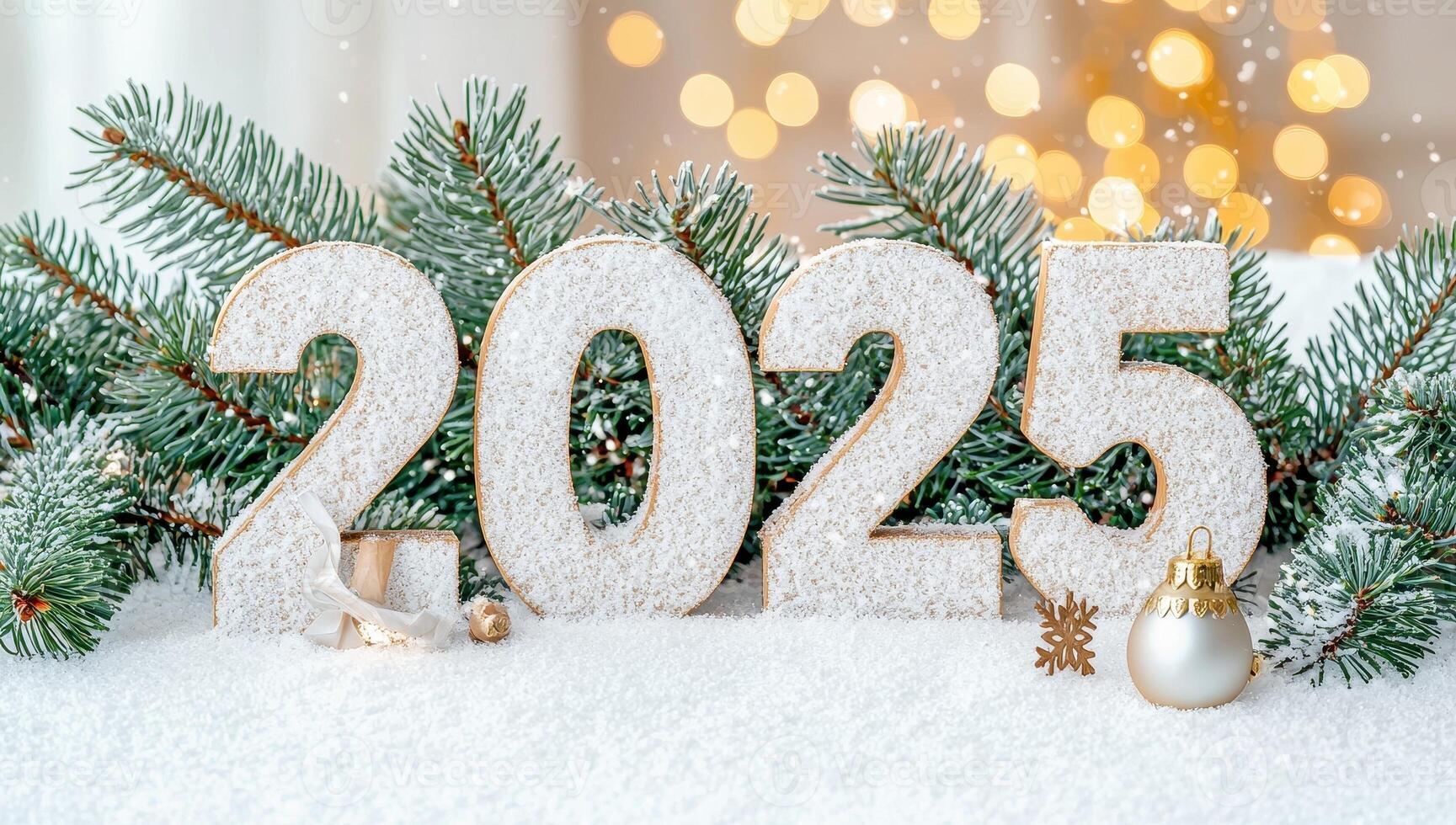 New Year 2025 greeting card. Wooden numbers 2025 on snow with Christmas tree branches and festive decor. photo