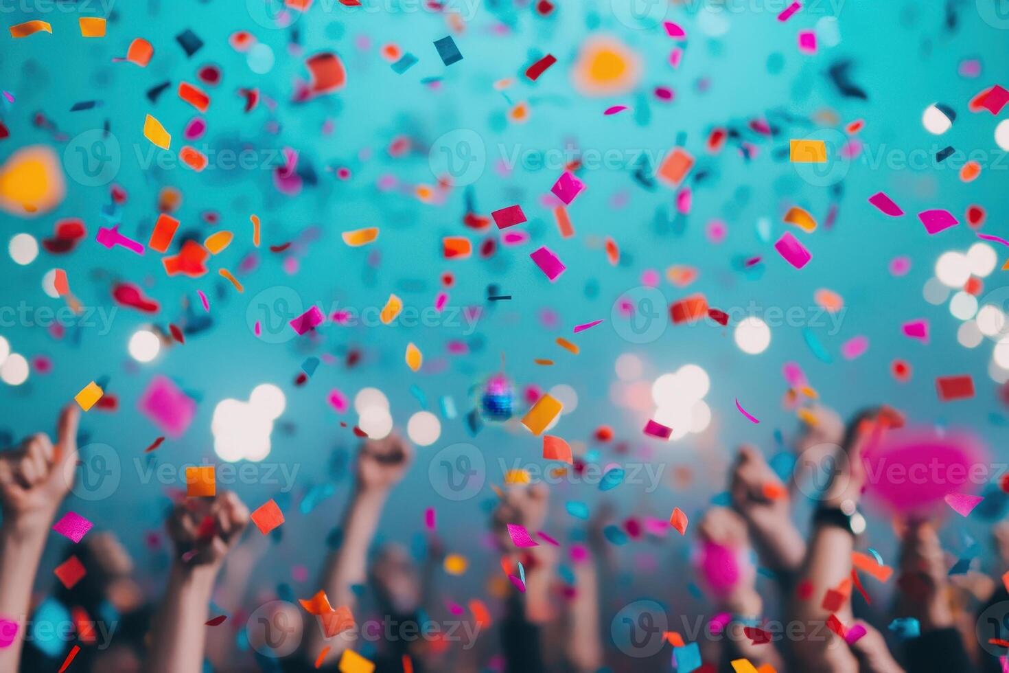 Confetti falling on cheering crowd at a music festival, concert, or party. Celebration, joy, and entertainment concept. photo