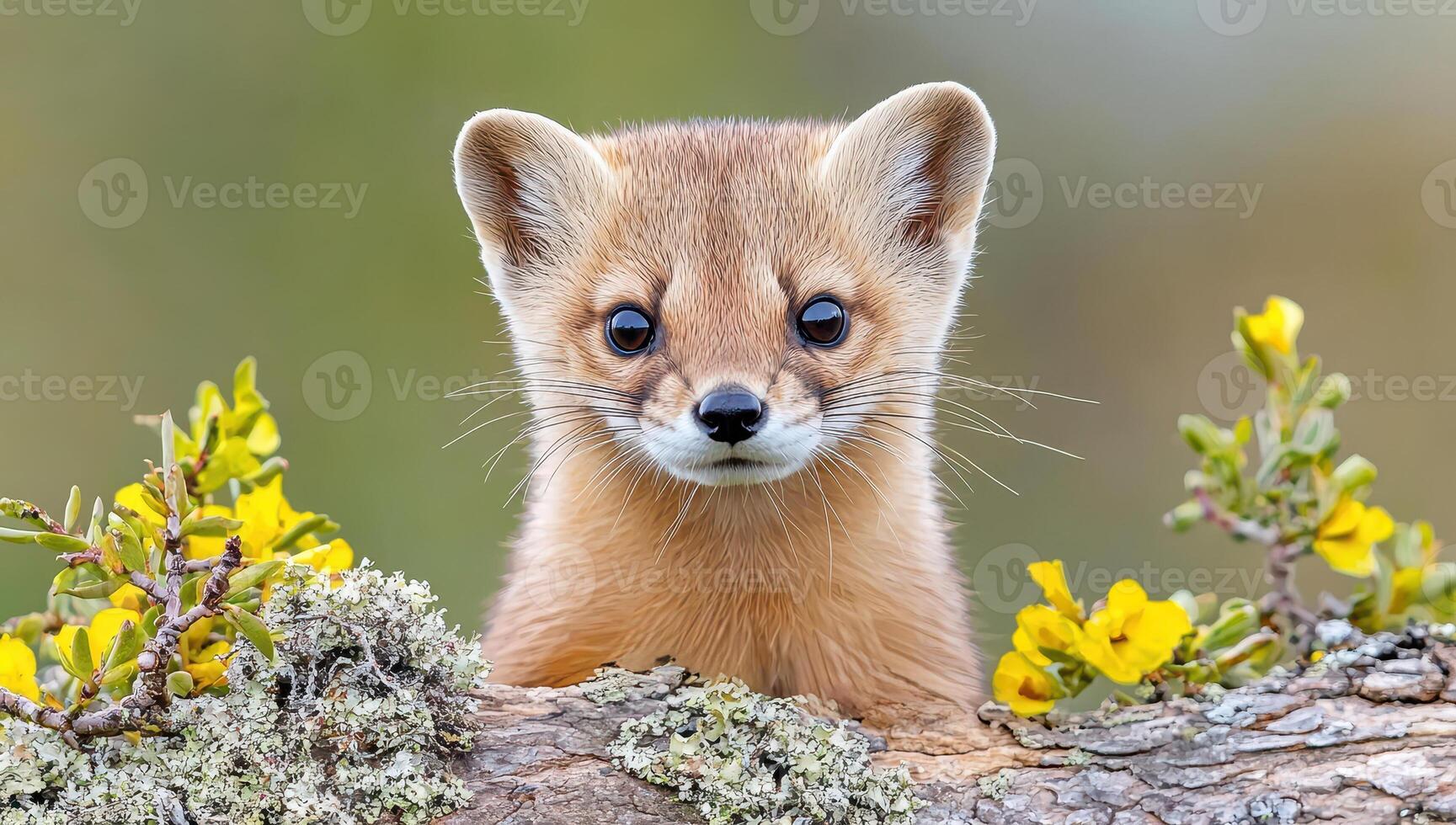 Close up of a cute Yellow throated Marten cub looking at the camera, perched on a mossy log with yellow flowers in the background. photo