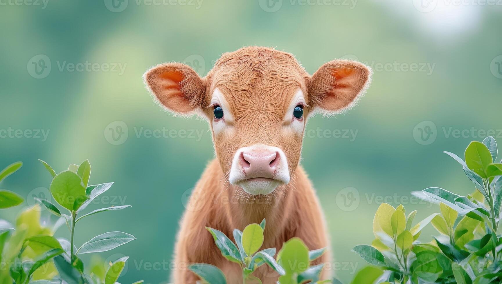 Close up of a cute brown calf looking at the camera, surrounded by green leaves. Concept of livestock, farming, and rural life. photo