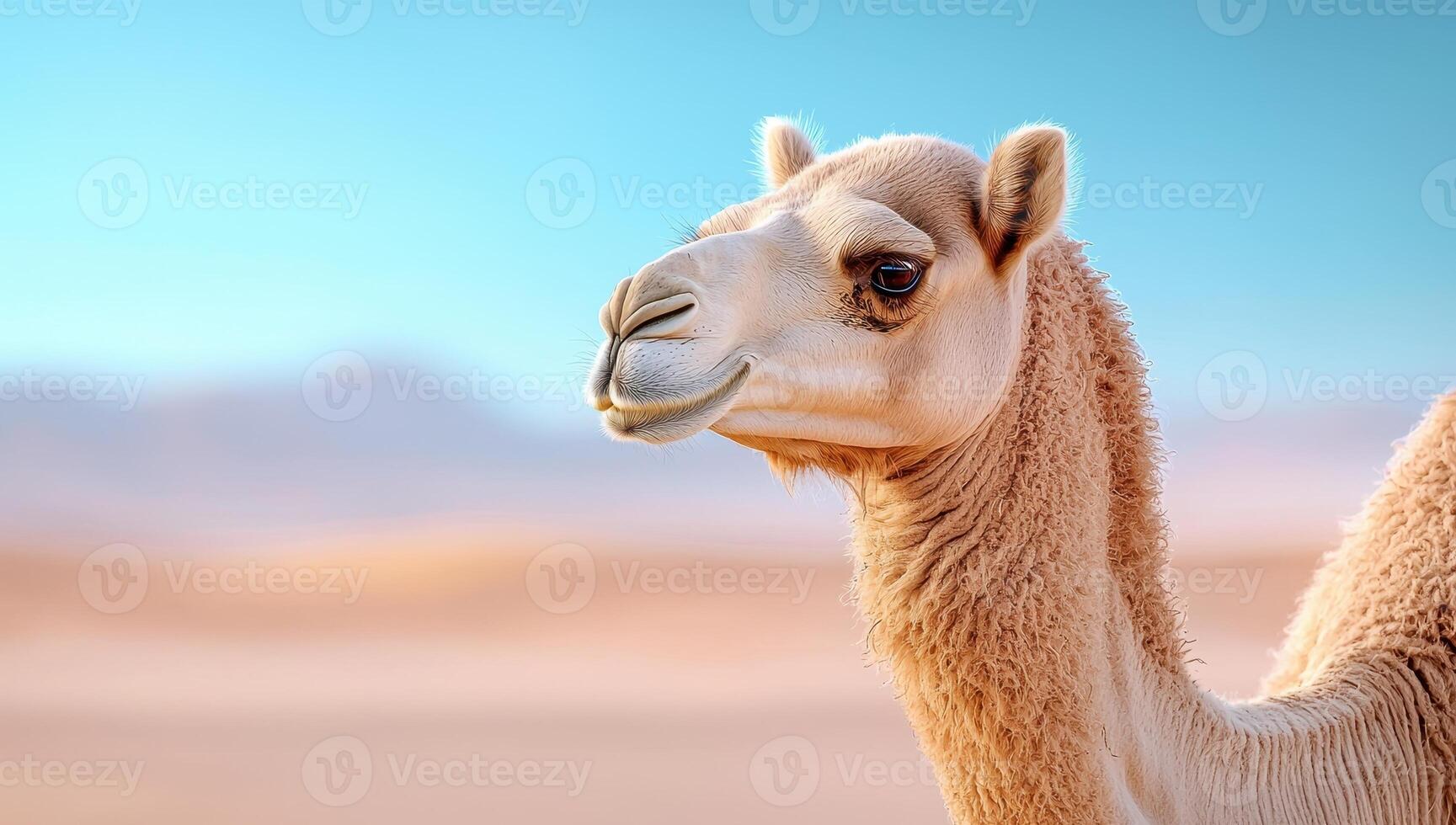Close up of a camel in the desert. Concept of wildlife, tourism and arid climates. photo