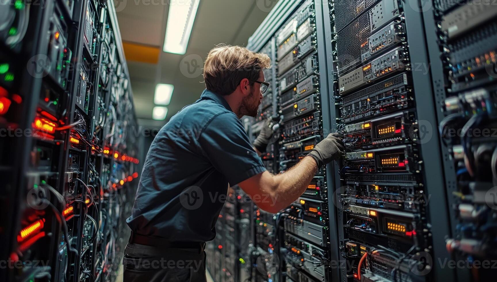 IT Technician Working on a Server in a Modern Data Center. Concept of Technology, Network, Big Data, Cloud Computing photo