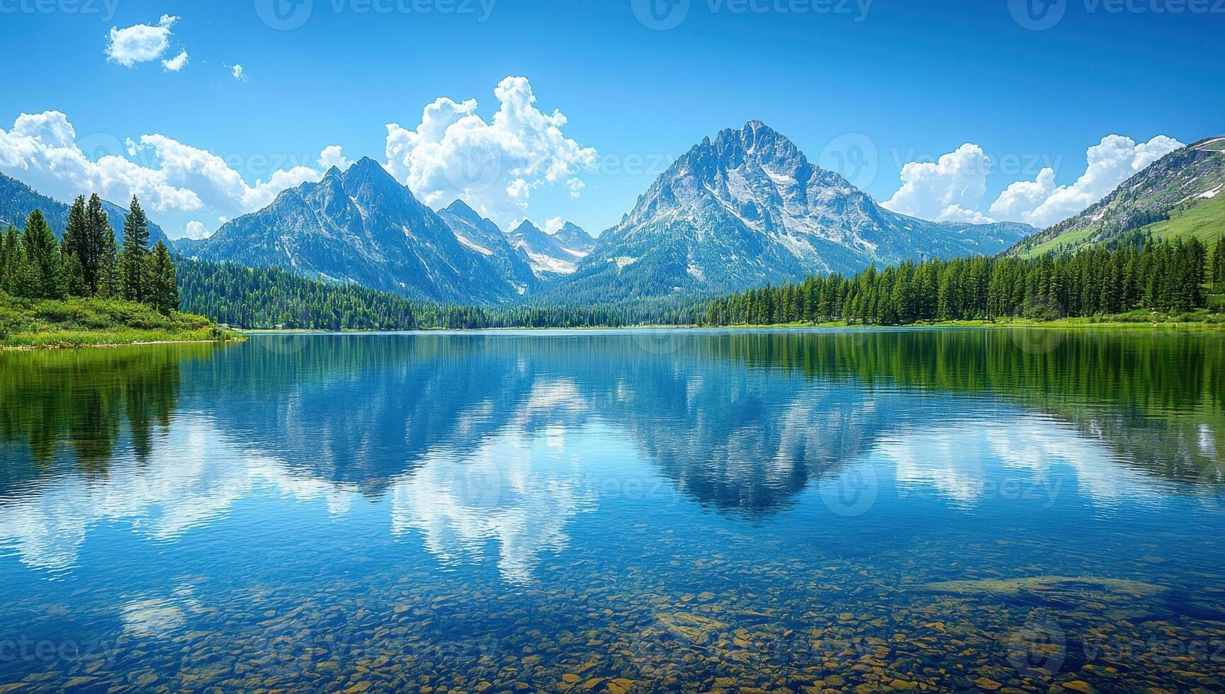 Serene mountain lake reflection. Concepts of nature, landscape, travel, tranquility photo