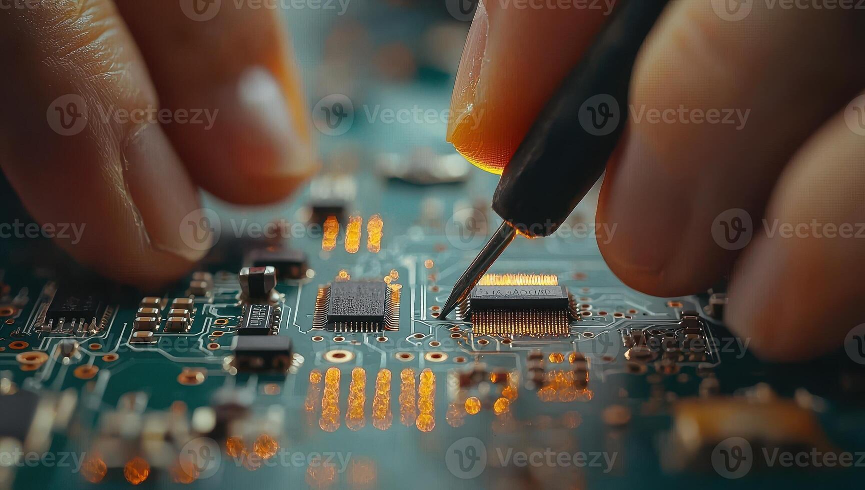 Technician repairing electronic circuit board. Concept of computer repair, electronics service and technology. photo