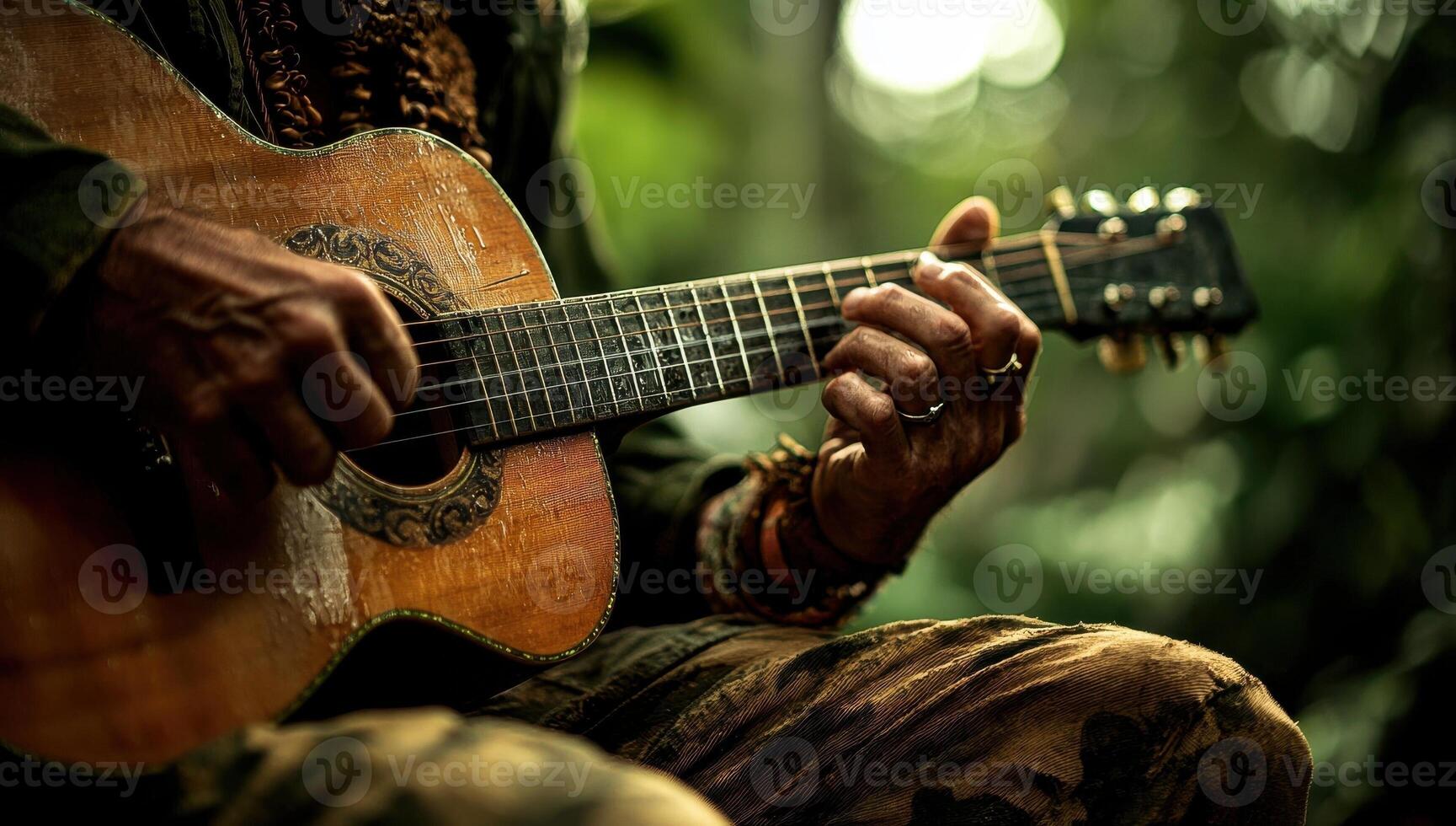 Close up Musician Hands Playing an Acoustic Guitar. Concept of Music, passion, talent. photo