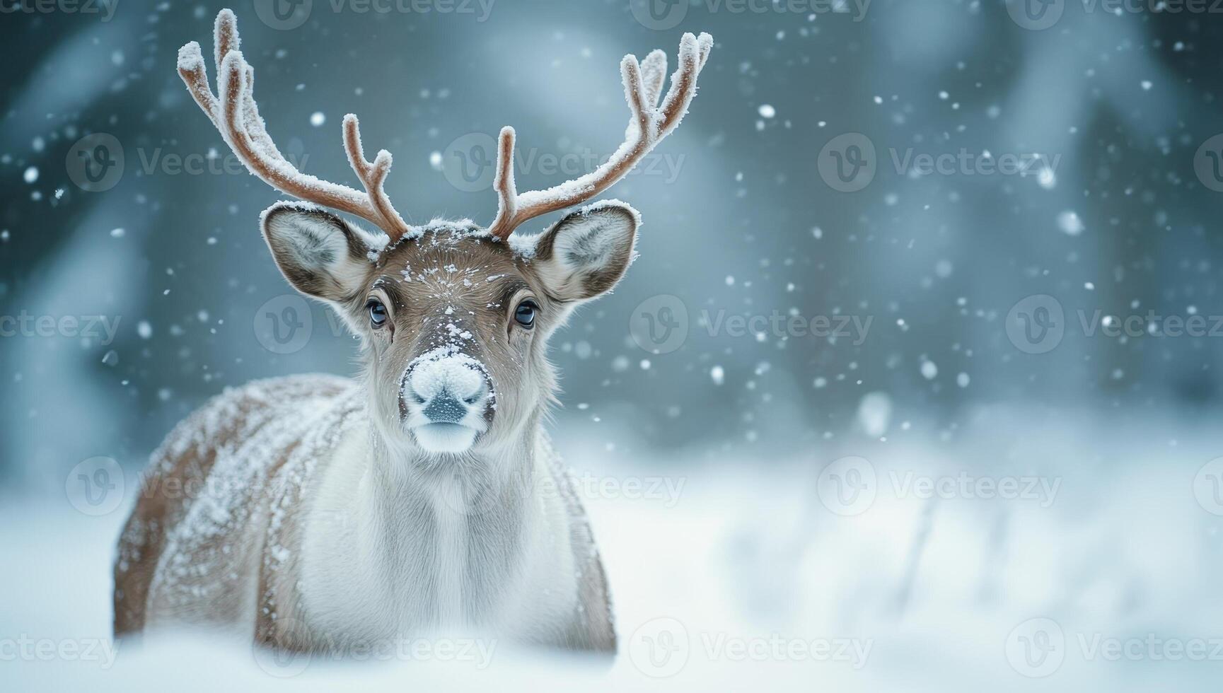 Reindeer in snowy winter forest. Concept of wildlife, nature, winter. photo