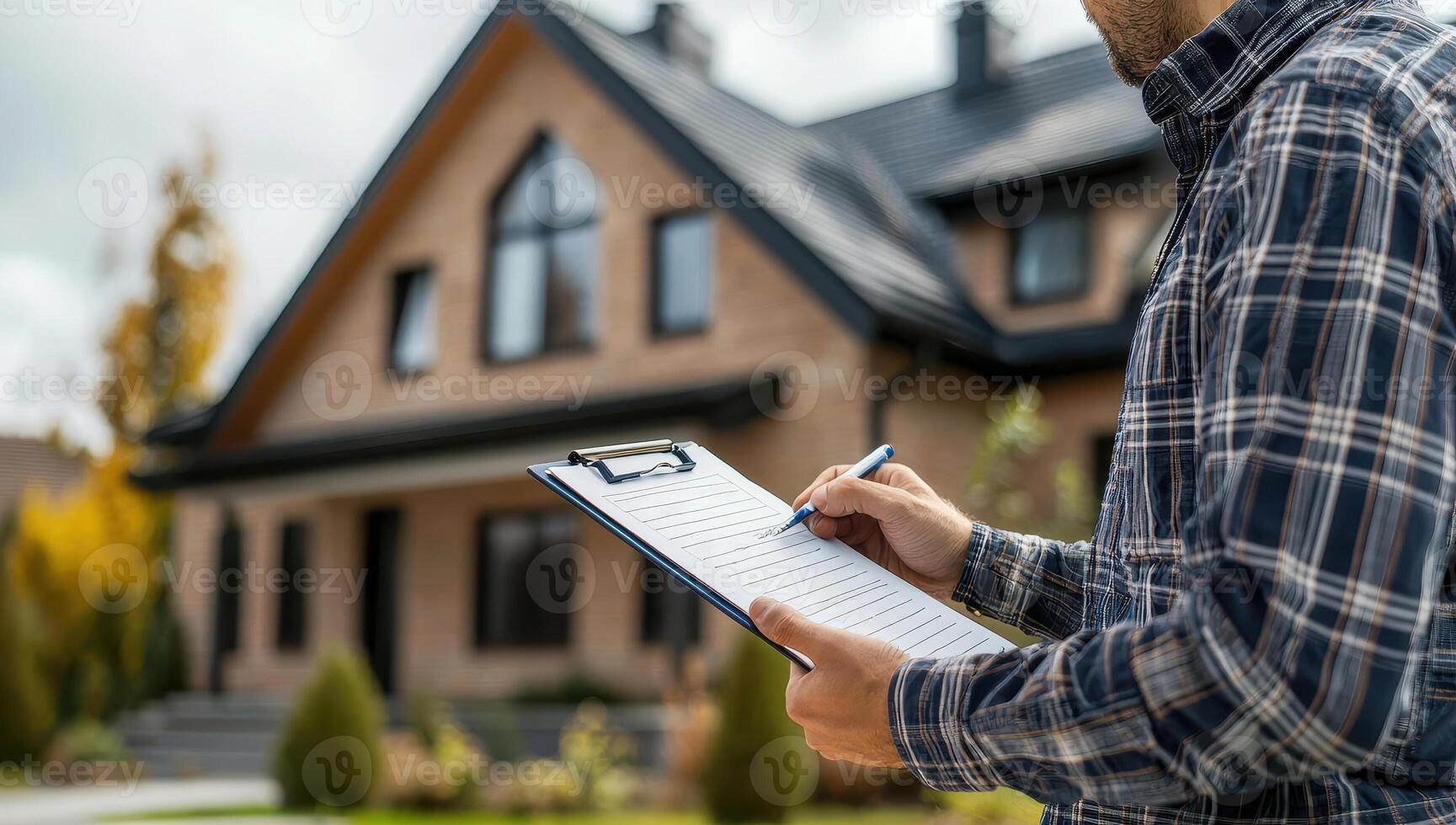 Building Inspector or Real Estate Agent with Clipboard in Front of New Home. Concept of home inspection, real estate, property appraisal, and construction. photo