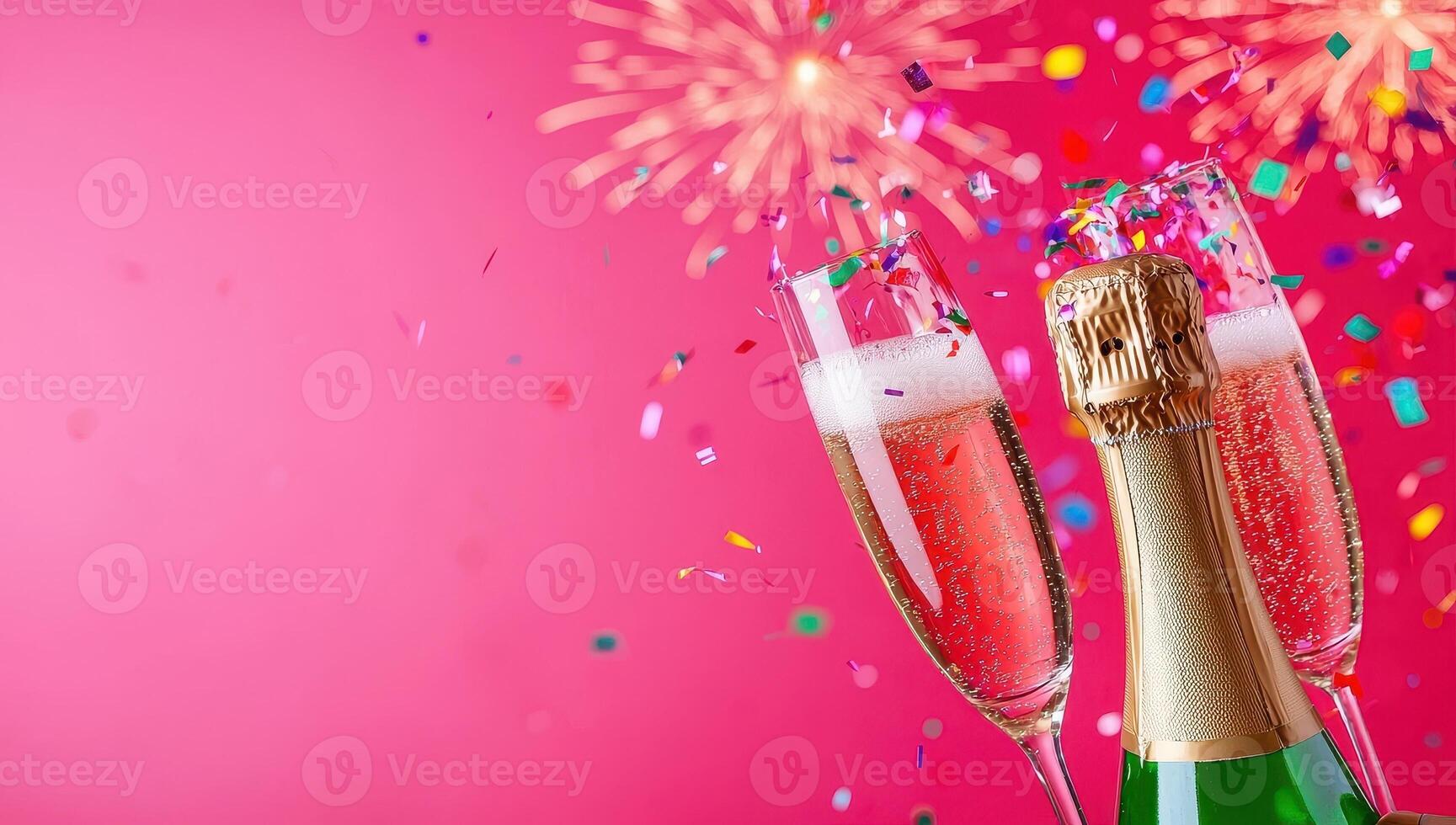 Pink champagne flutes and bottle with fireworks and confetti. Concept of New Year's Eve, celebration, party. photo
