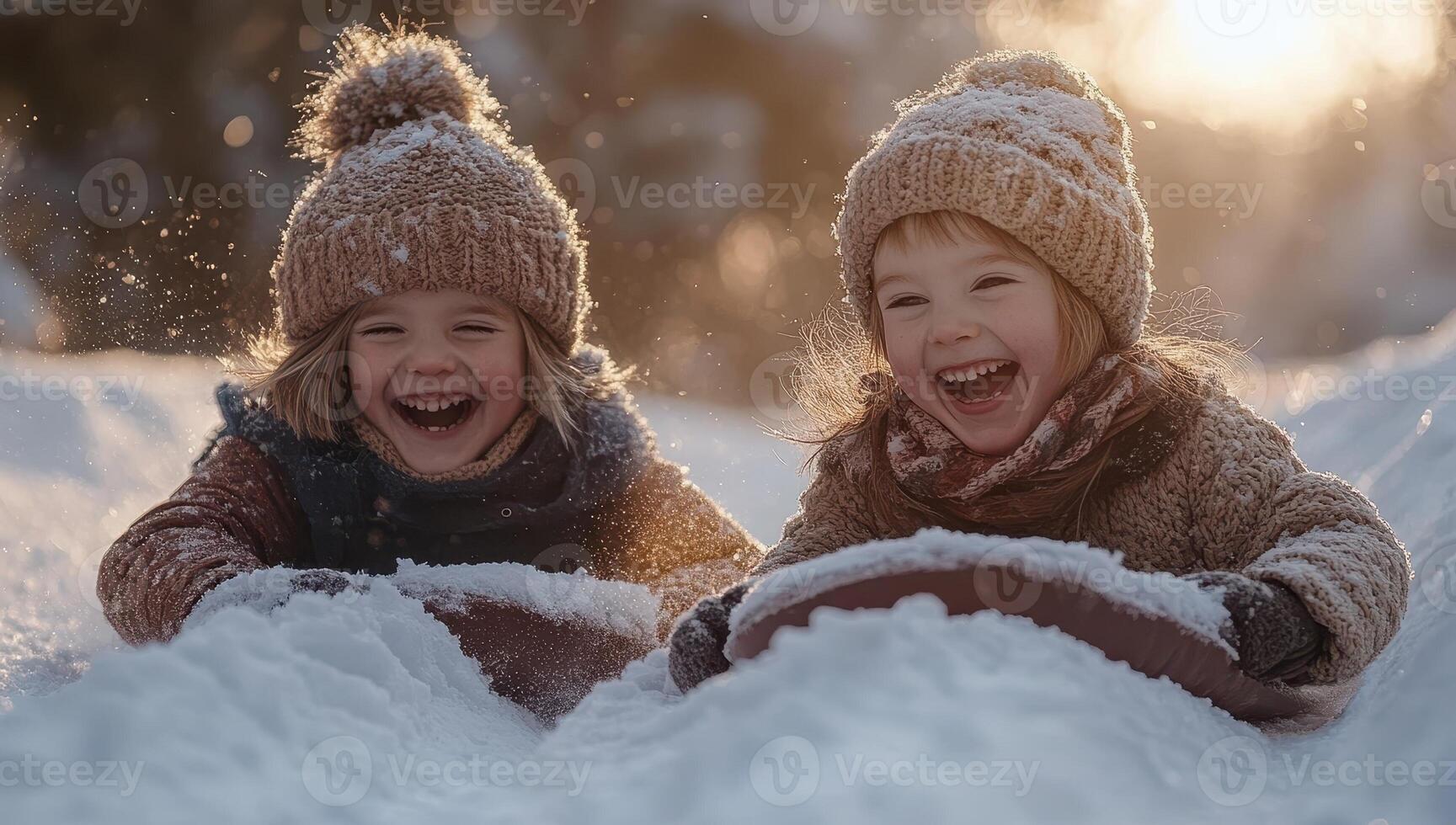 Two happy children playing in the snow on a sunny winter day. Concept of childhood, joy, and winter fun. photo