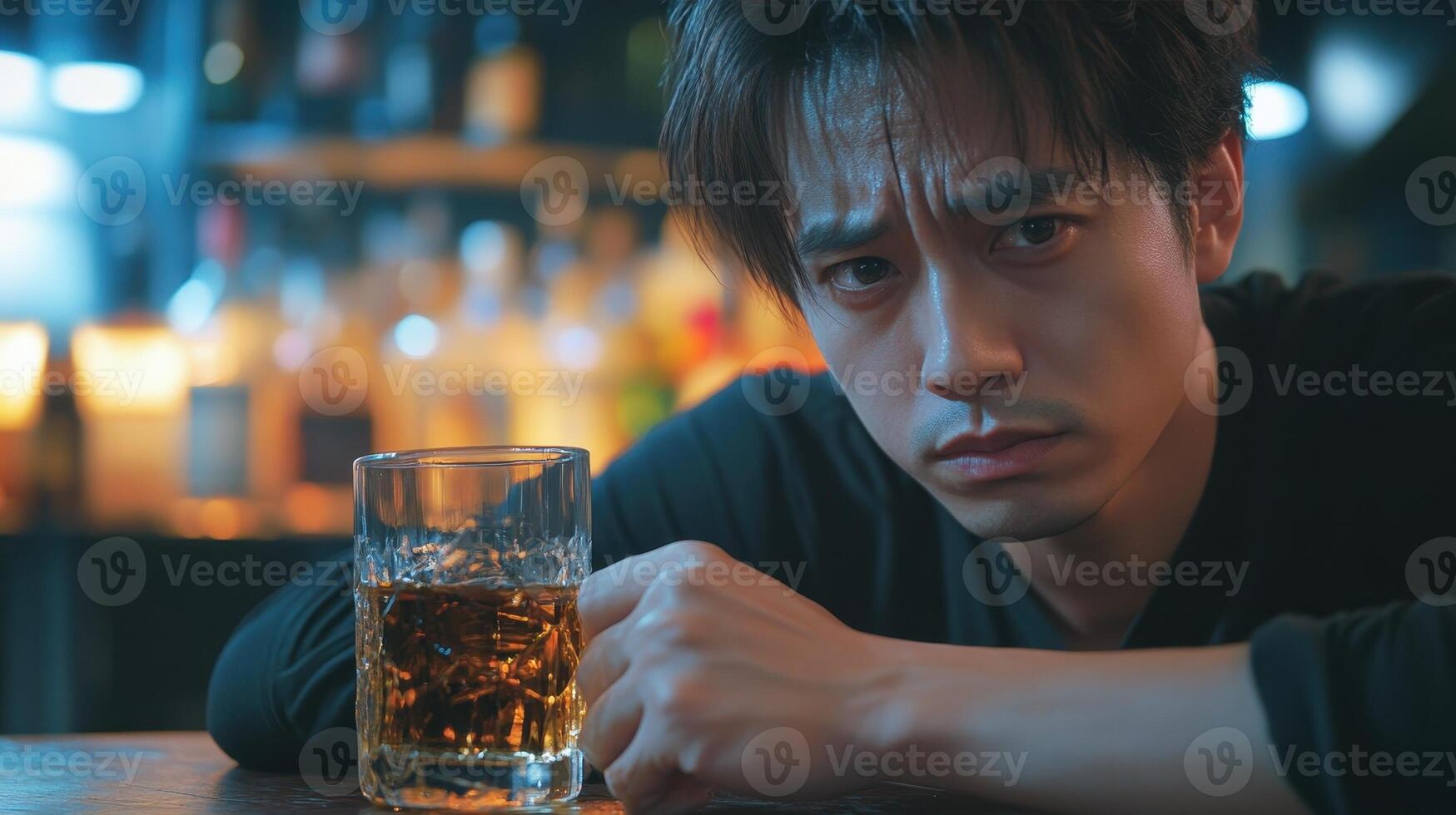 Sad man drinking whiskey alone in bar. Concept of loneliness, depression, alcoholism, addiction photo