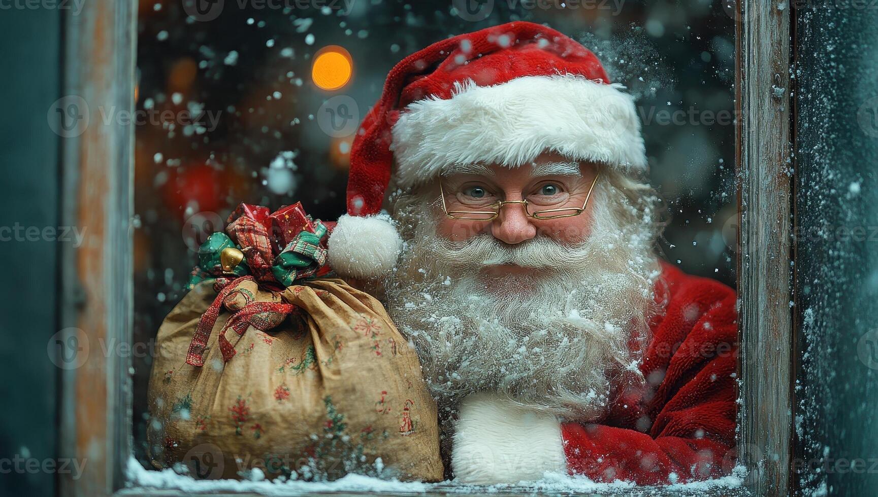 Santa Claus looking through a snowy window holding a gift bag. Christmas, winter holidays, magic, gifts, celebration concept. photo