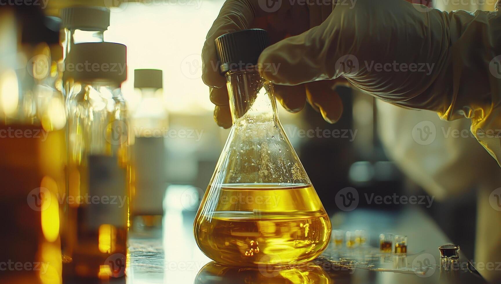 Scientist holding Erlenmeyer flask with yellow liquid. Concept of chemistry, experiment, research, and science photo