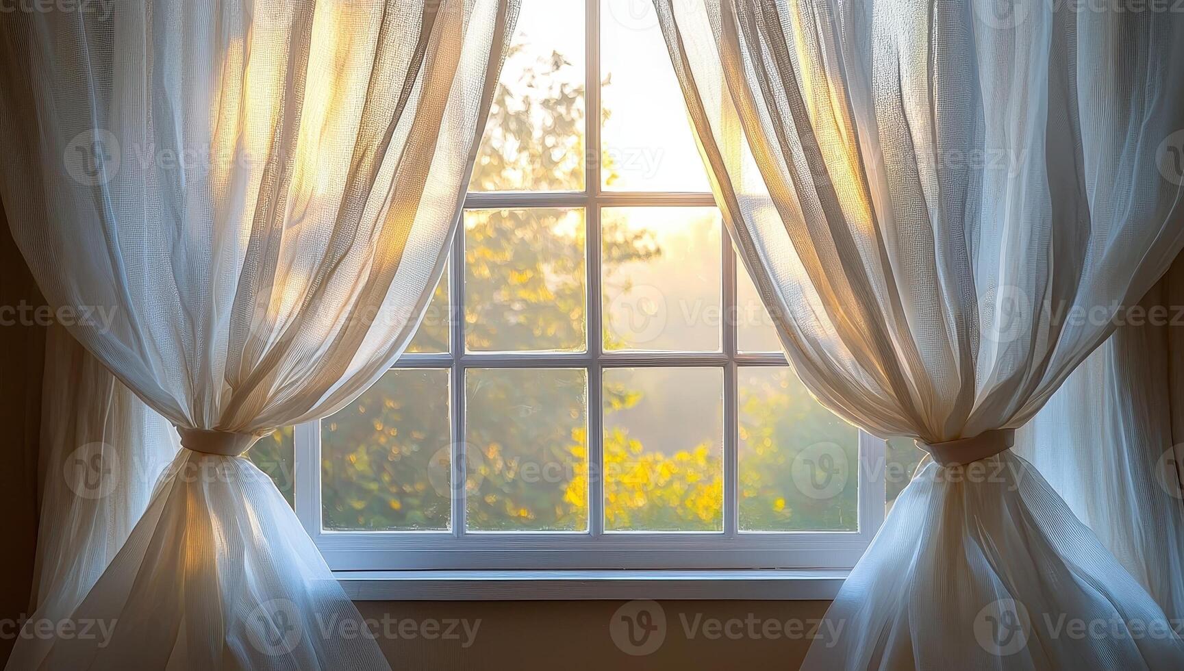 Sunlight through sheer curtains of window at sunrise. Cozy home interior. photo