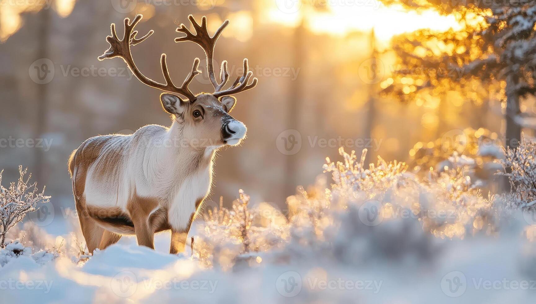 Reindeer in snowy winter forest at sunset. Wild animal in natural habitat. photo