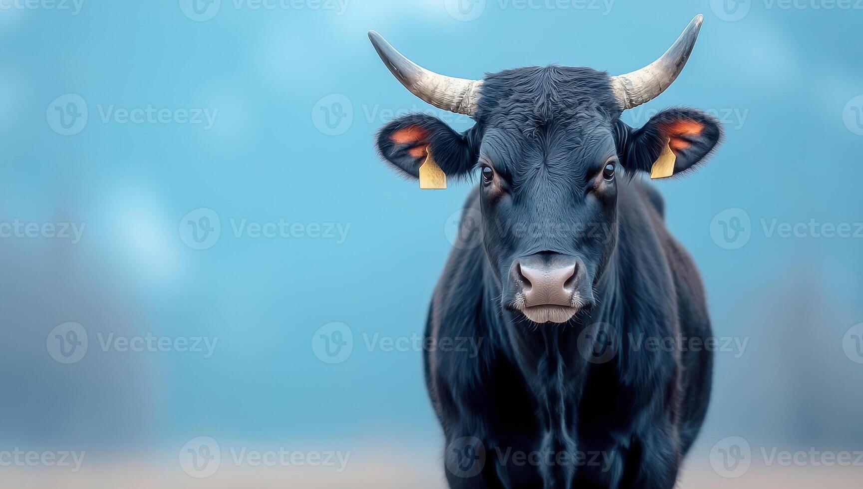 Black cow with horns standing in a field against a blurred blue background. Concept of livestock, farming, agriculture, and rural life. photo