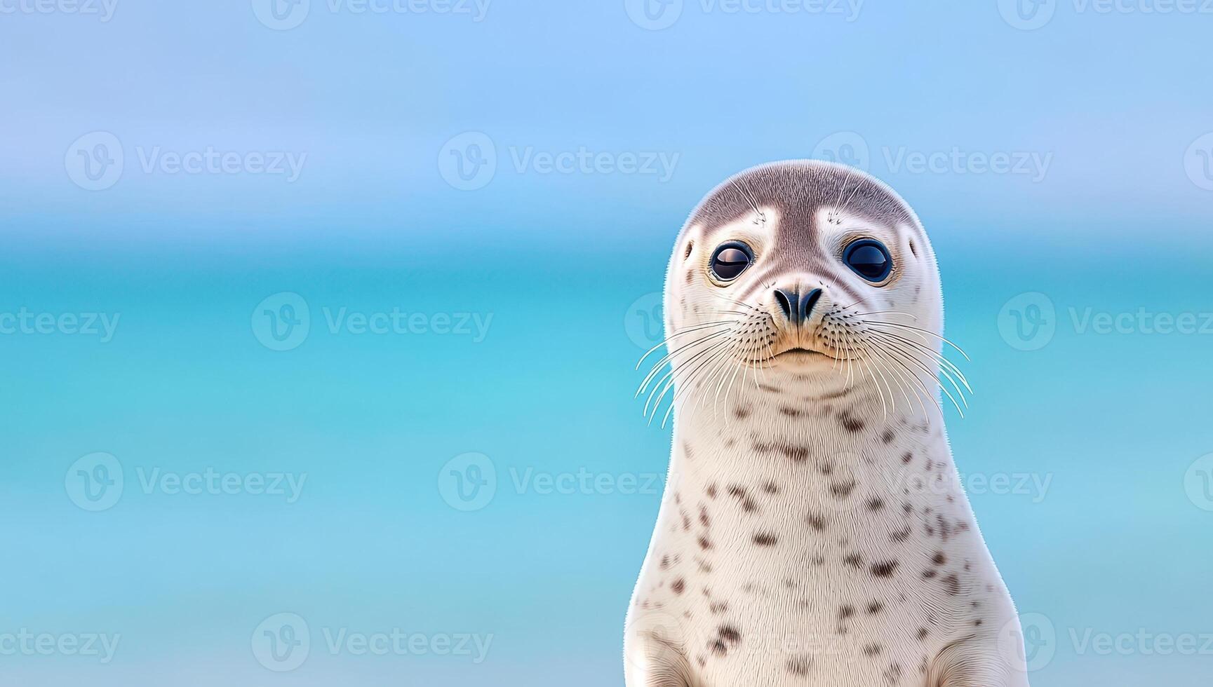 Cute baby harp seal pup with spotted fur on a sandy beach with turquoise ocean water background photo