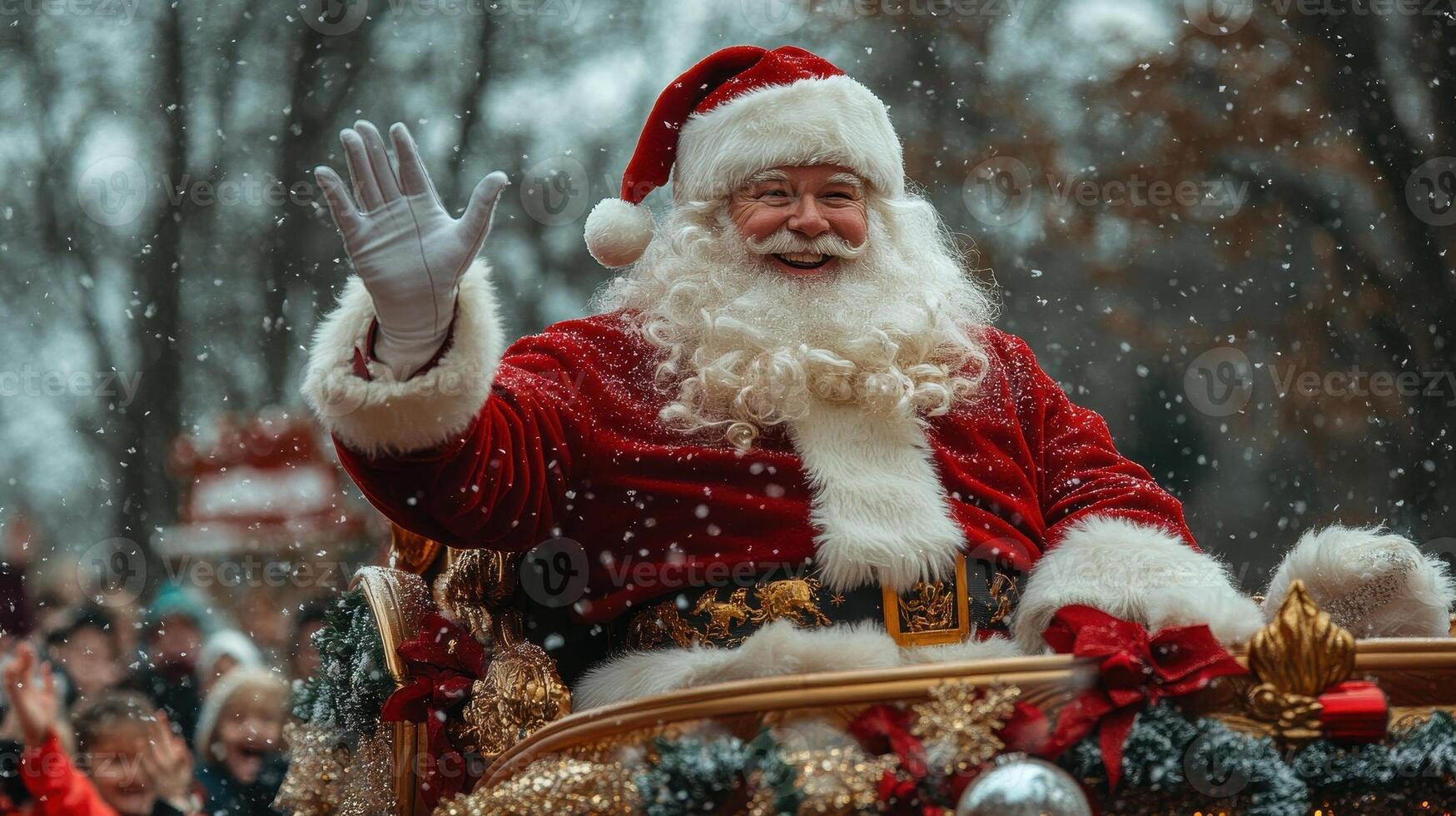 Smiling Santa Claus waving in a sleigh during a snowy Christmas parade. Festive holiday cheer and winter wonderland magic. photo