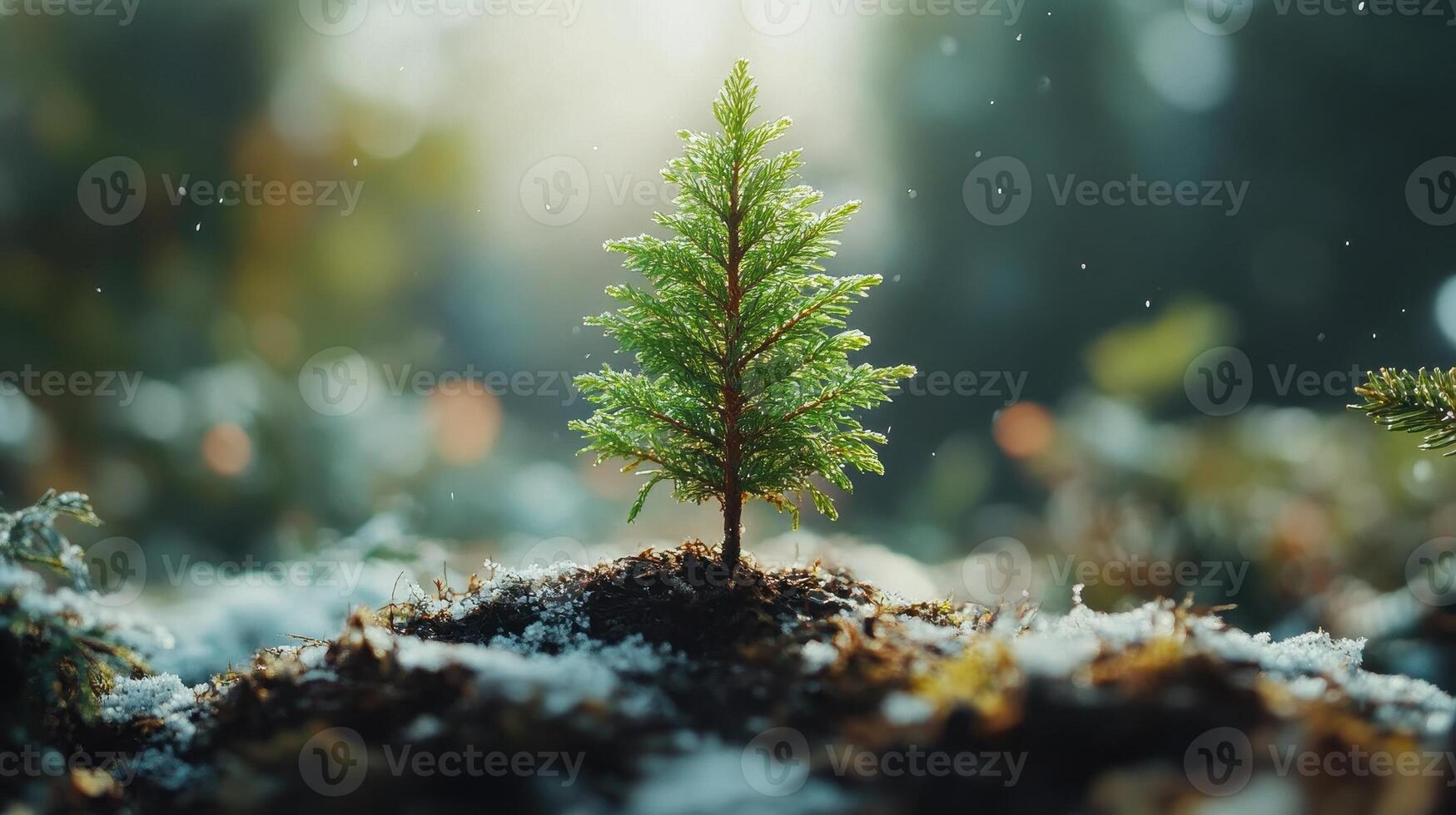 Young Pine Sapling Grows in Snowy Forest, New Life, Winter photo