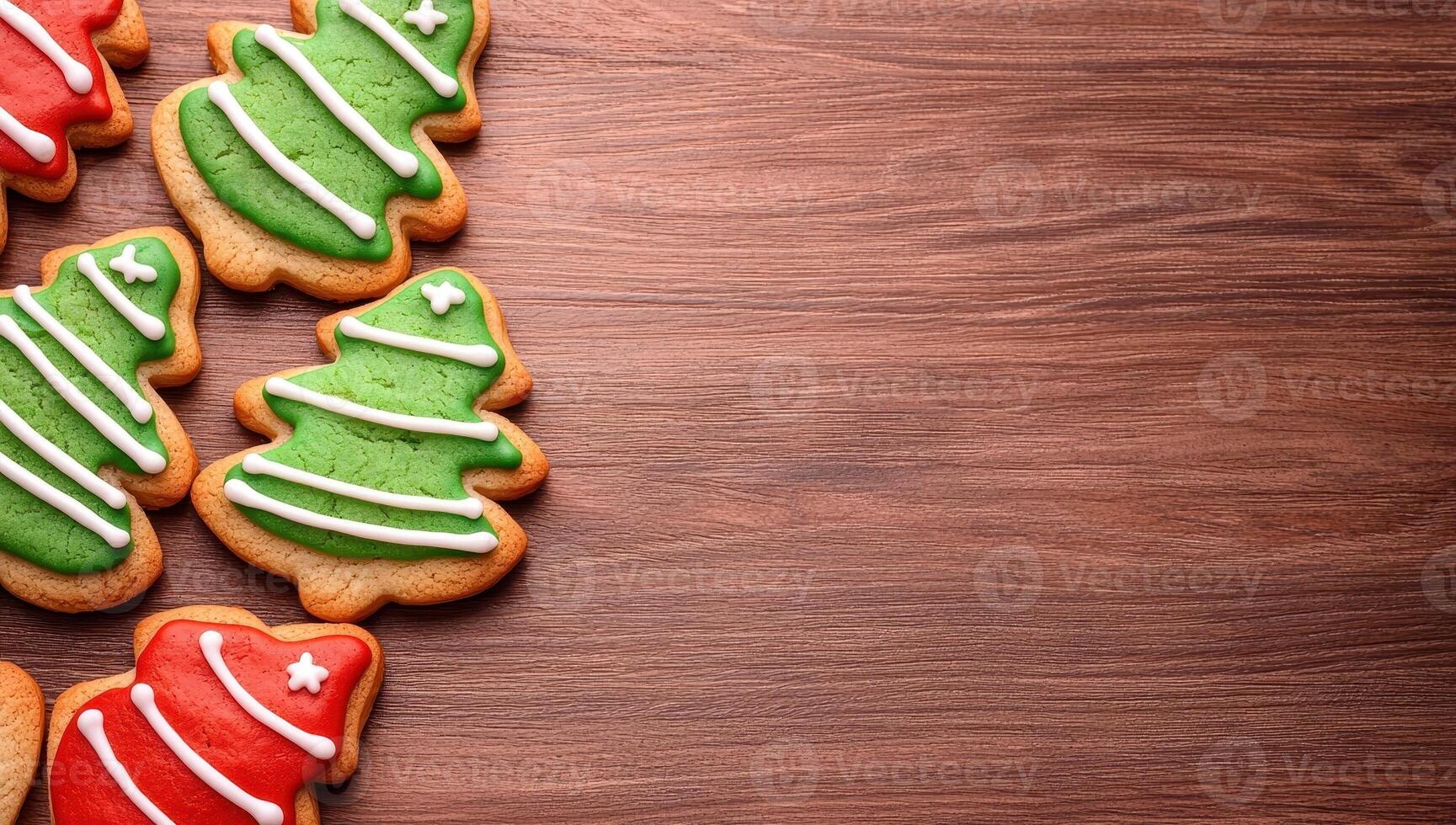 Christmas tree shaped gingerbread cookies on wooden background with copy space photo