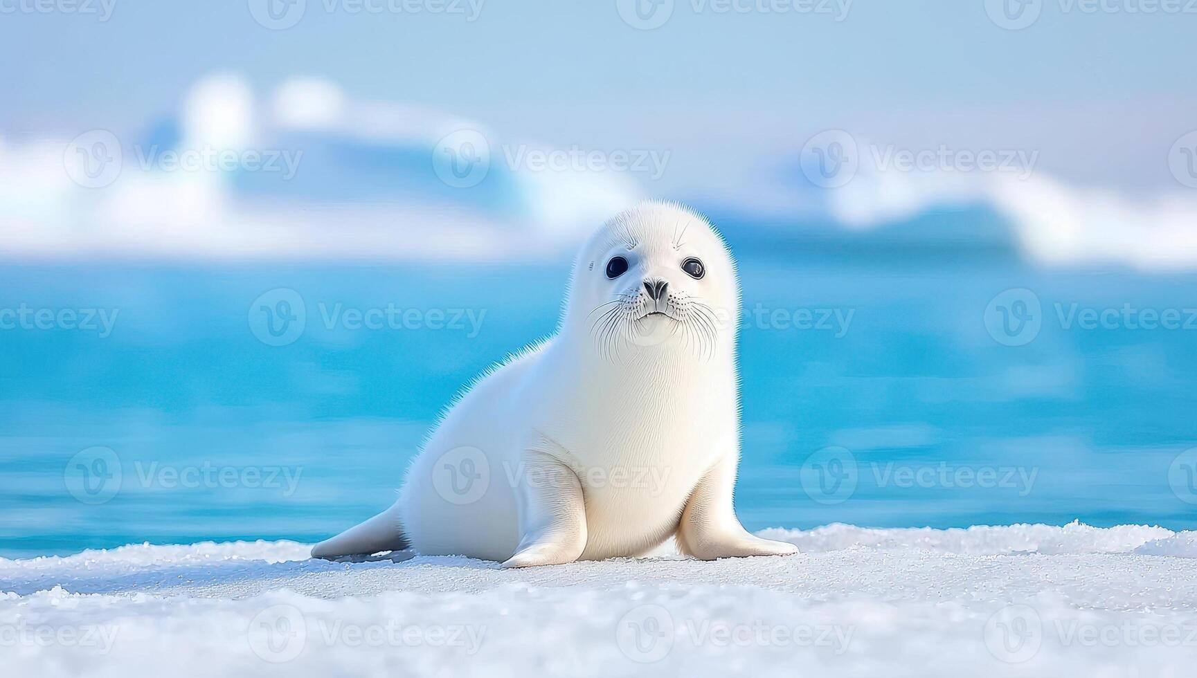 Harp seal pup on ice floe with blue water background. Concept of arctic wildlife, climate change, and conservation. photo