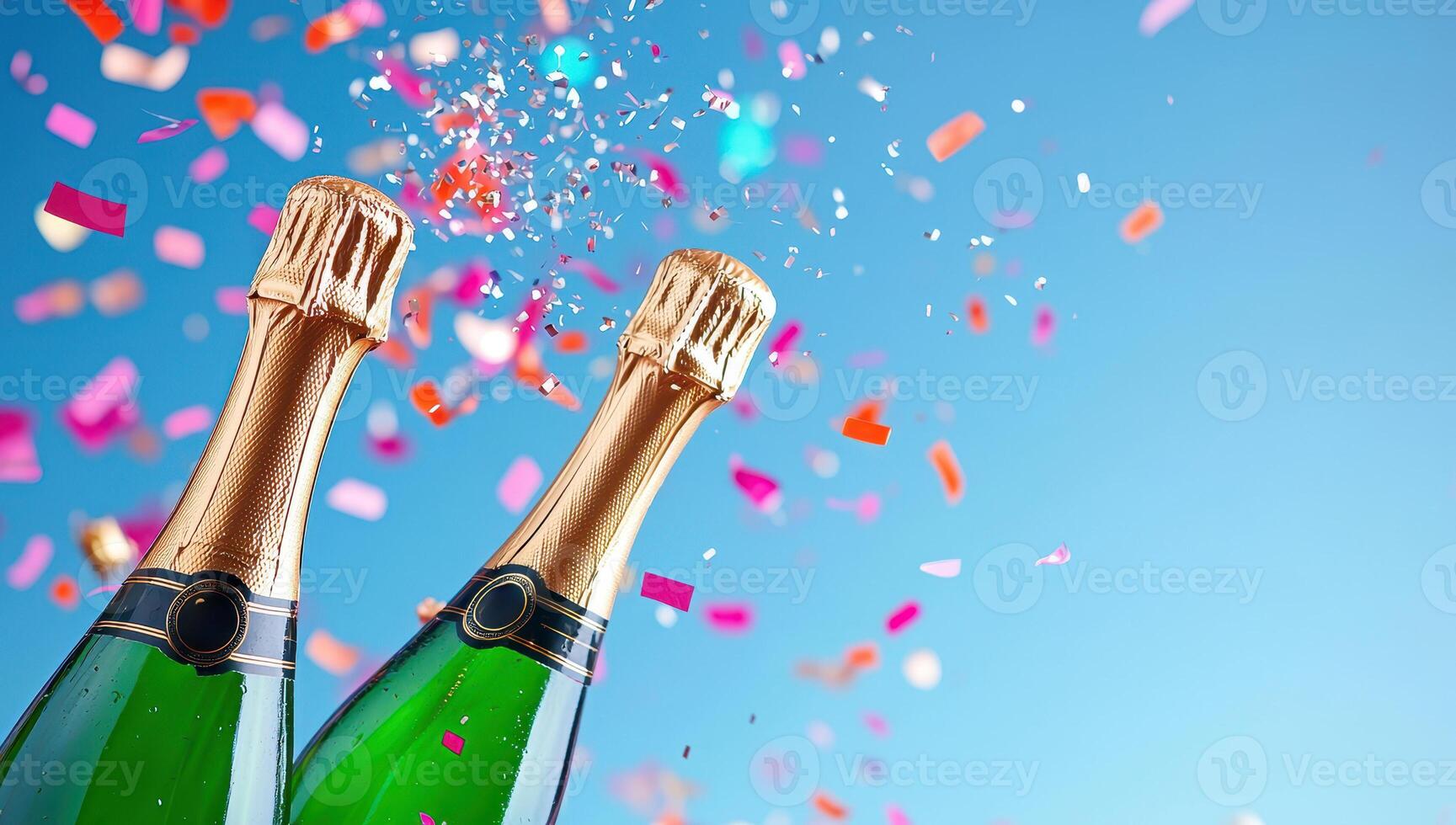 Two champagne bottles popping with confetti and blue sky background. Celebrating New Year's Eve, anniversary, or party event. photo