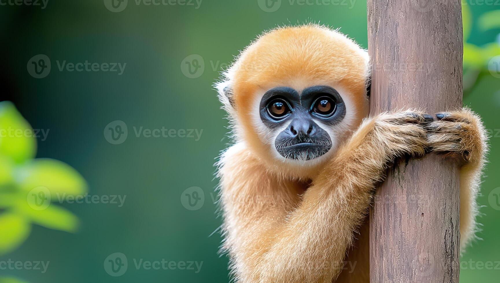 Portrait of a cute baby gibbon clinging to a tree. Concept of wildlife, endangered species, and conservation. photo