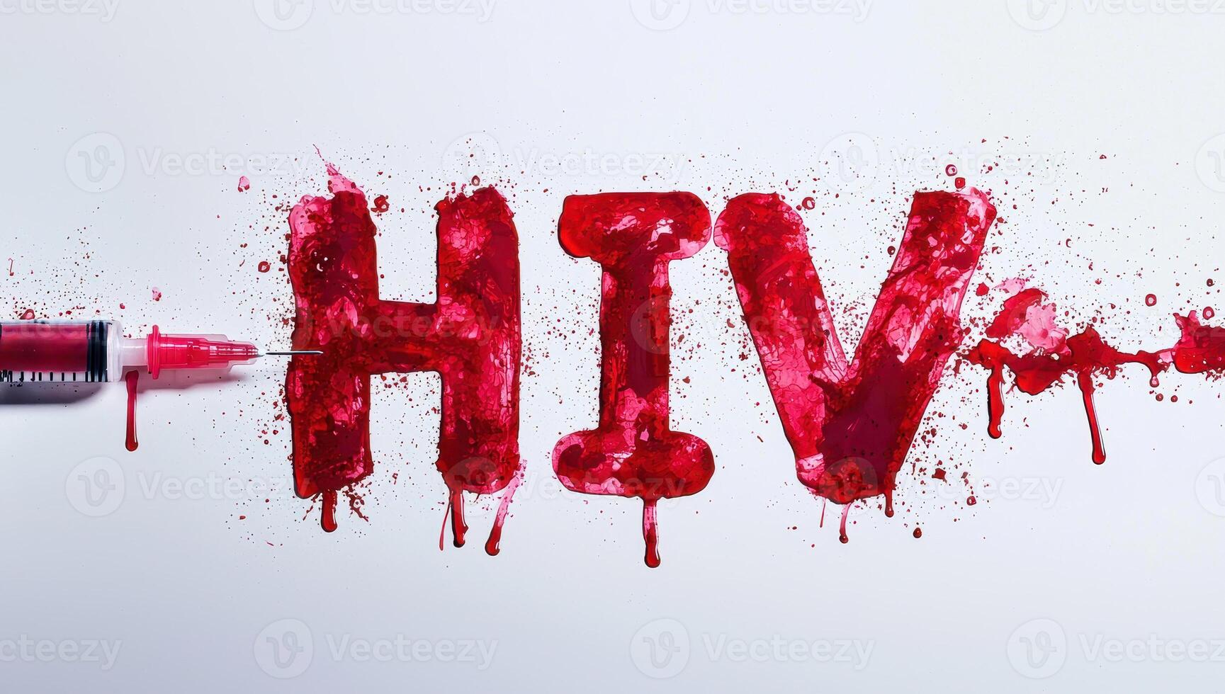 The word HIV written in blood with a syringe, representing the seriousness of the virus and the importance of prevention and treatment. photo