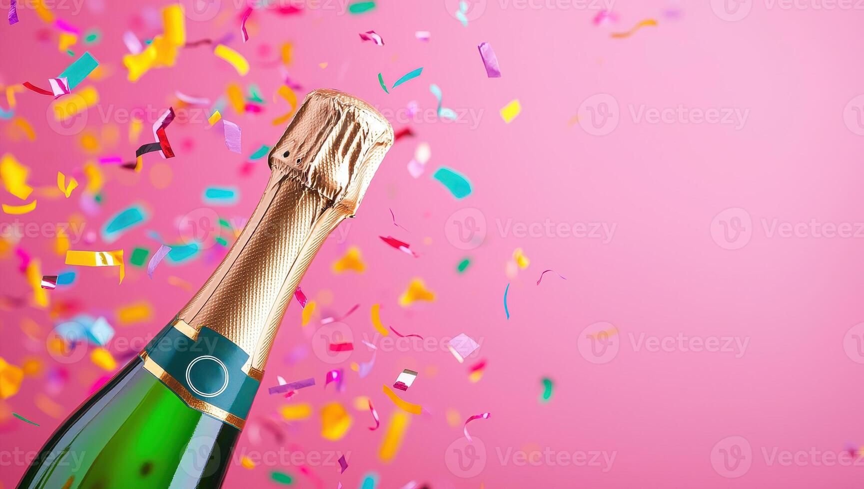 Champagne bottle with colorful confetti on pink background. Celebration, party, festive event concept. photo