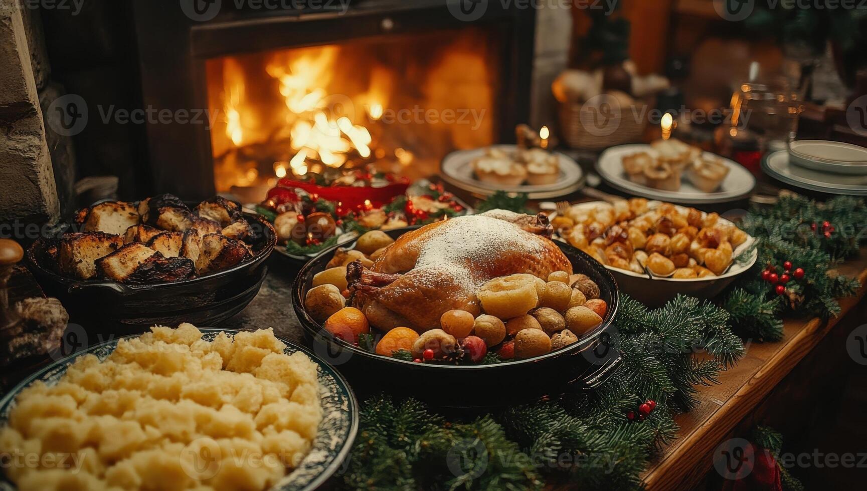 Christmas feast laid out in front of a roaring fireplace. Concept of Holiday gathering, festive meal, and winter celebration. photo