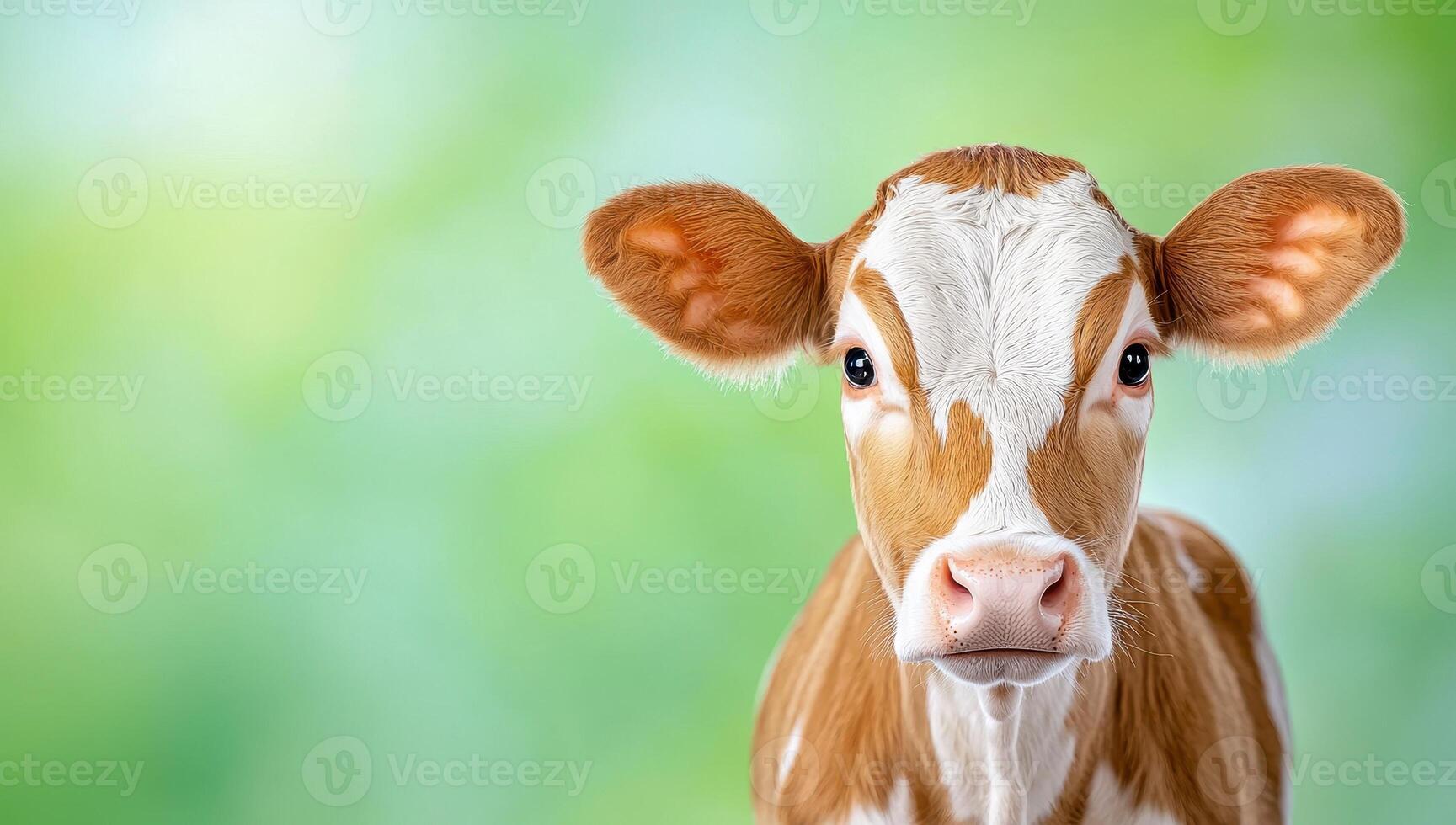 Brown and white calf on green background. Farm animal, livestock, agriculture concept. photo
