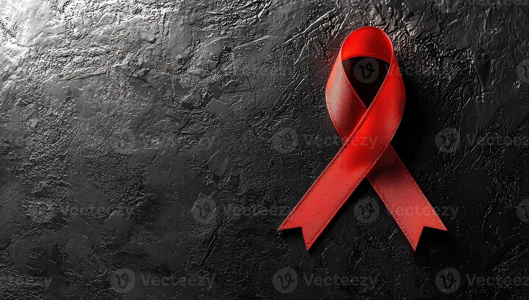Red ribbon on dark background. Concept of AIDS awareness and support. photo