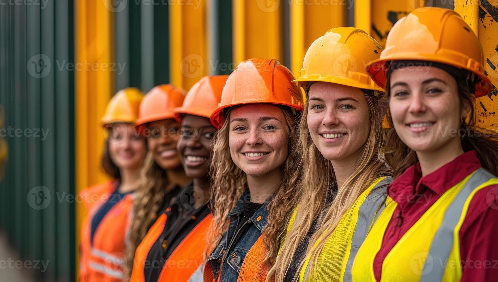 Diverse female construction workers in safety gear. Concept of teamwork, industry, empowerment, diversity. photo