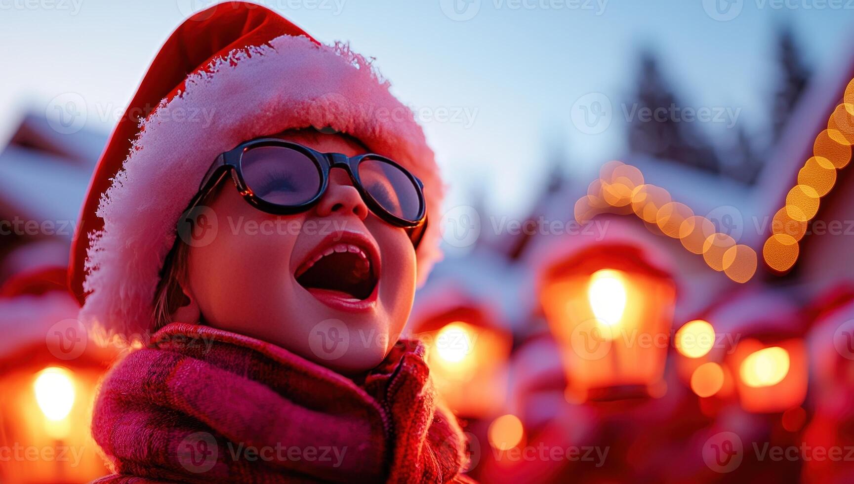 Joyful Child Celebrates Christmas at Festive Market, Holiday Cheer Concept photo