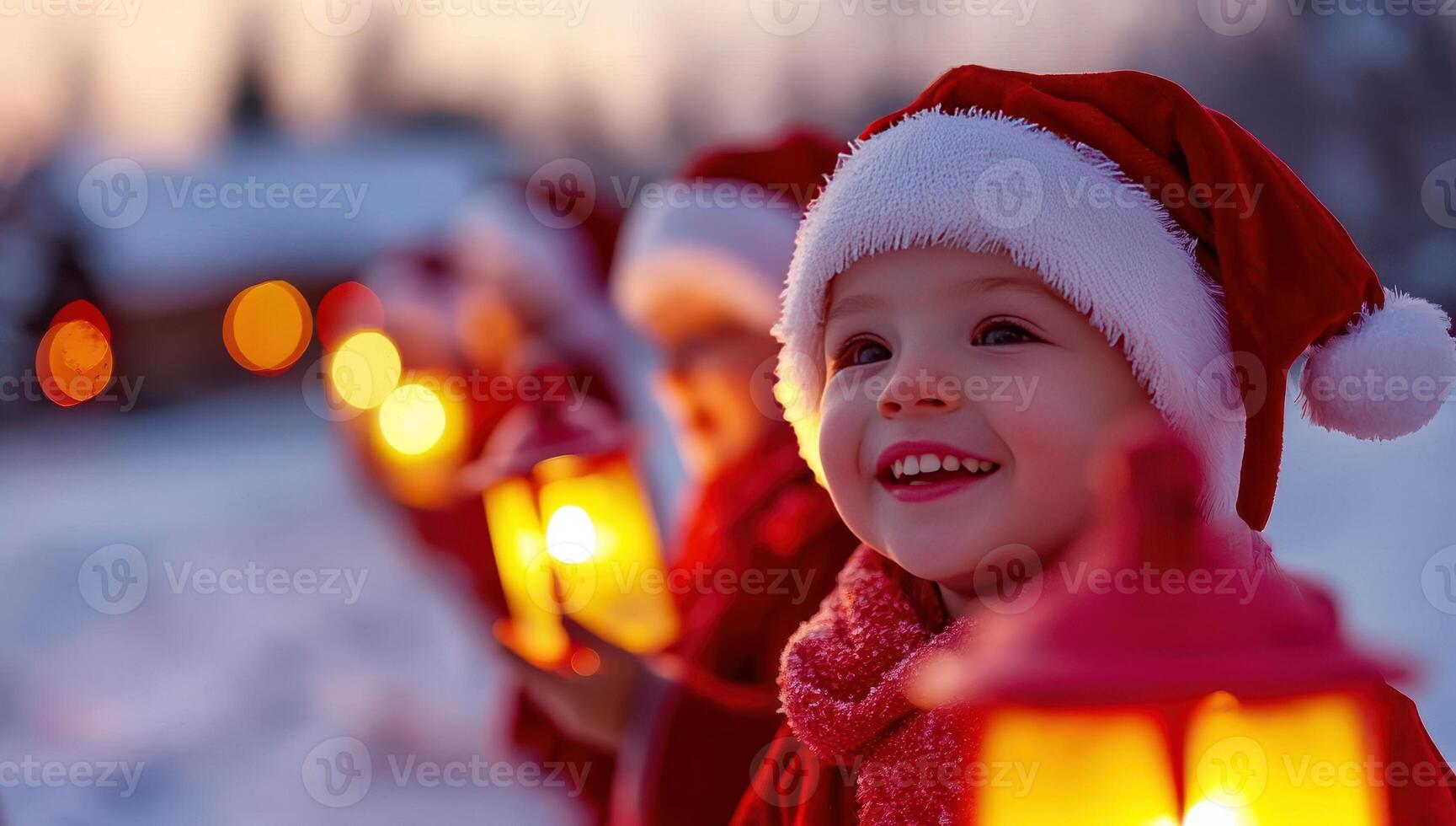 Happy children in Santa hats holding lanterns in snowy evening. Concept of Christmas spirit and winter holidays. photo
