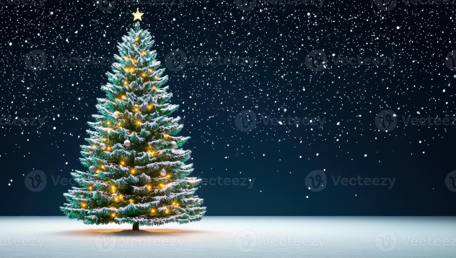 Christmas tree in falling snow. Concept of winter holidays, celebration and festive season. photo