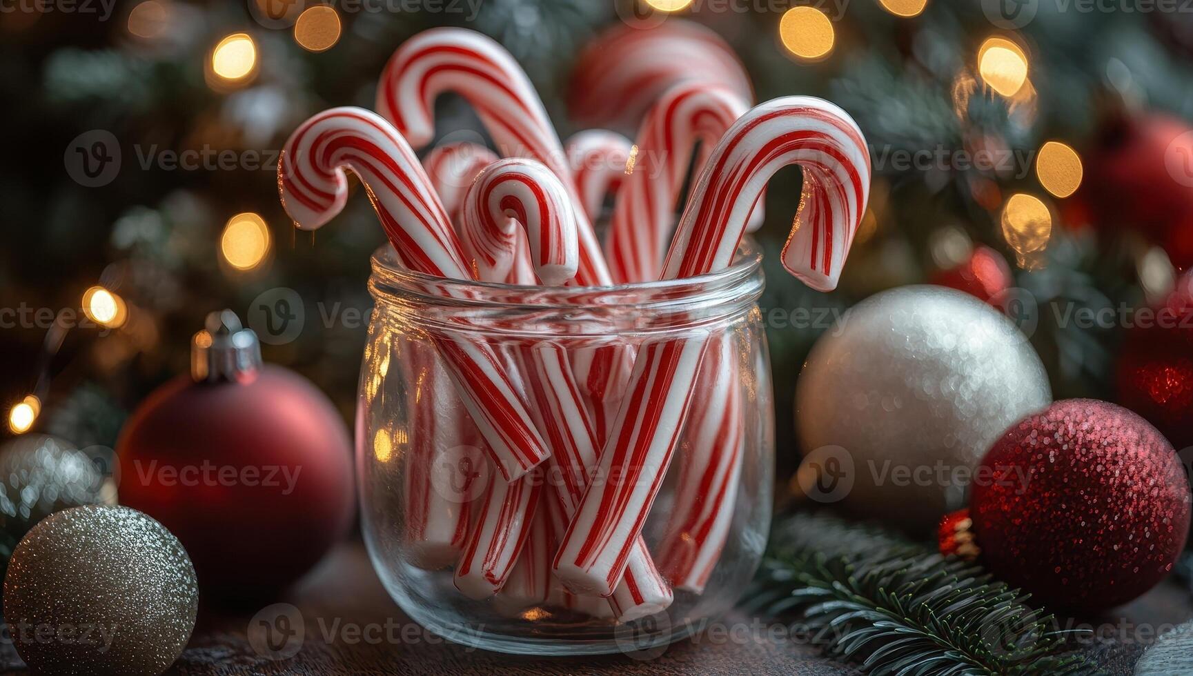 Christmas Candy Canes, Festive Jar with Holiday Decorations. photo